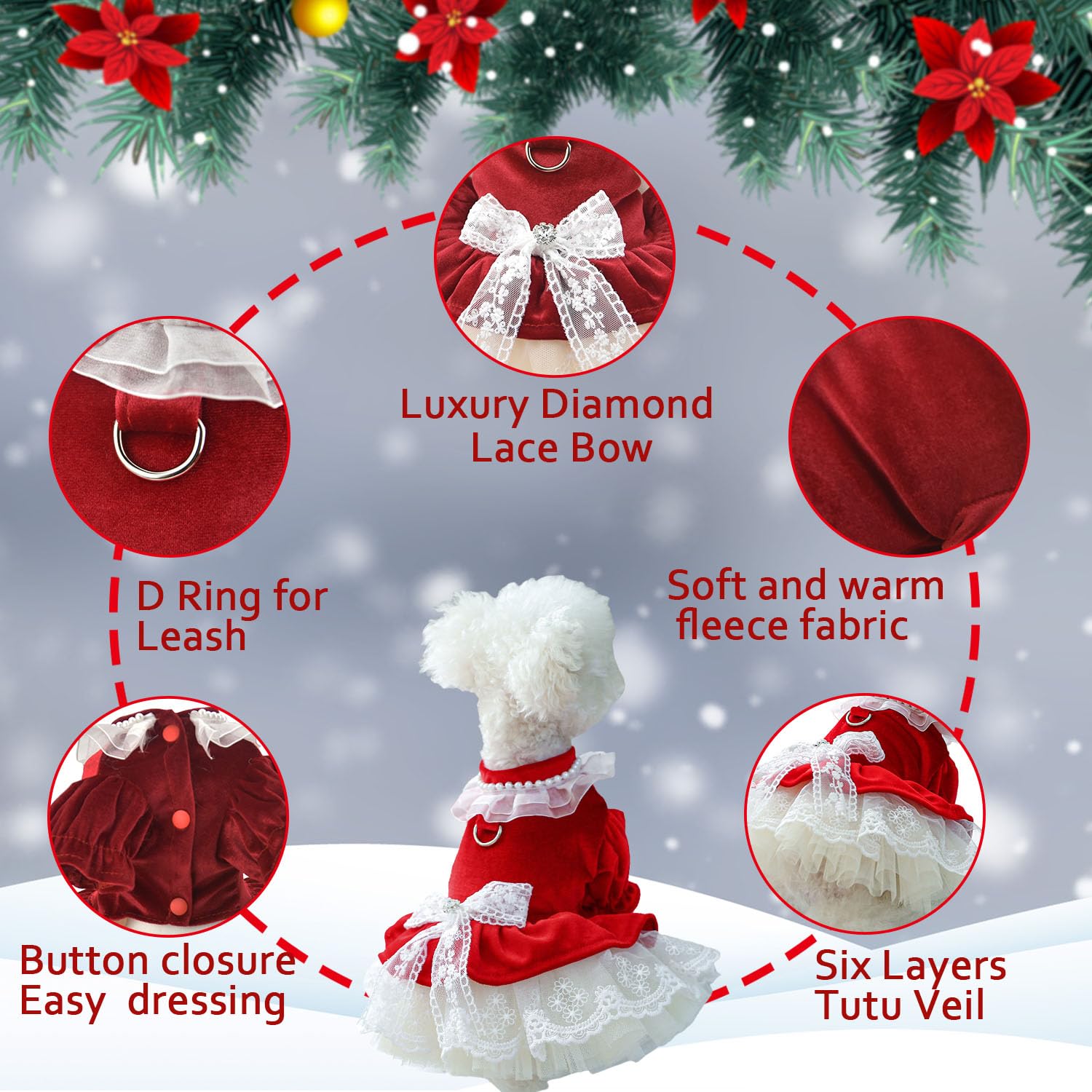 Fladorepet Dog Christmas Costume Outfits,Red Velvet Small Dog Bowknot Pearl Dress Tutu Skirt, Winter Cat Clothes Pet Apparel(Red