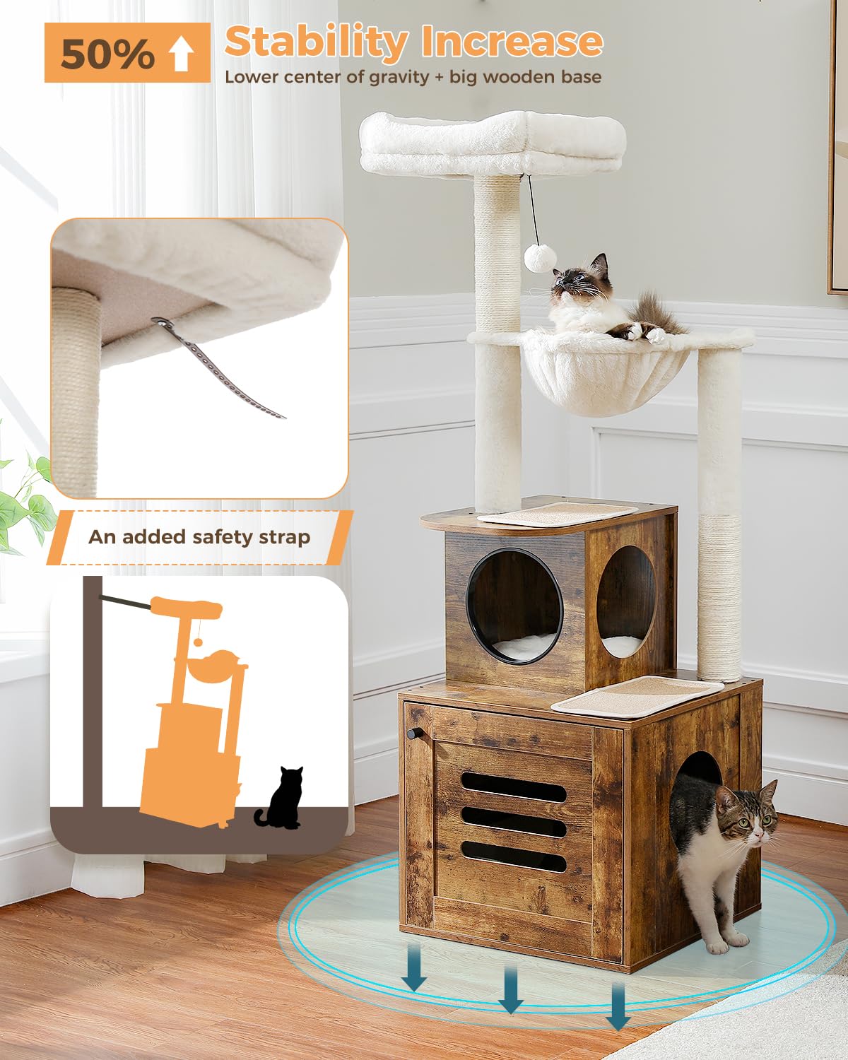MUTTROS Cat Tree with Litter Box Enclosure 55.5 Modern Cat Tree Tower with Top Bed and Green Leaves, Wood Cat Furniture Hidden L