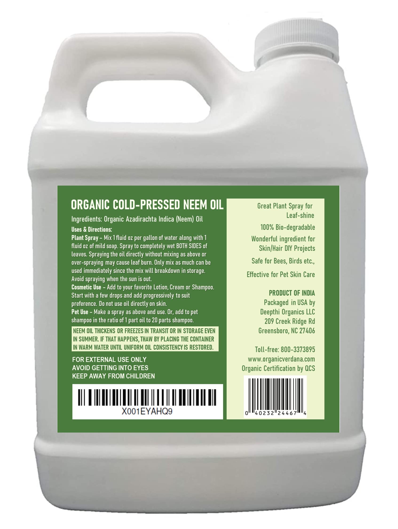 Organic Cold Pressed Pure Neem Oil - 1 Quart (32 Fl Oz) - Non Gmo - Unrefined - 100% Neem Oil, Nothing Added Or Removed - Skin C