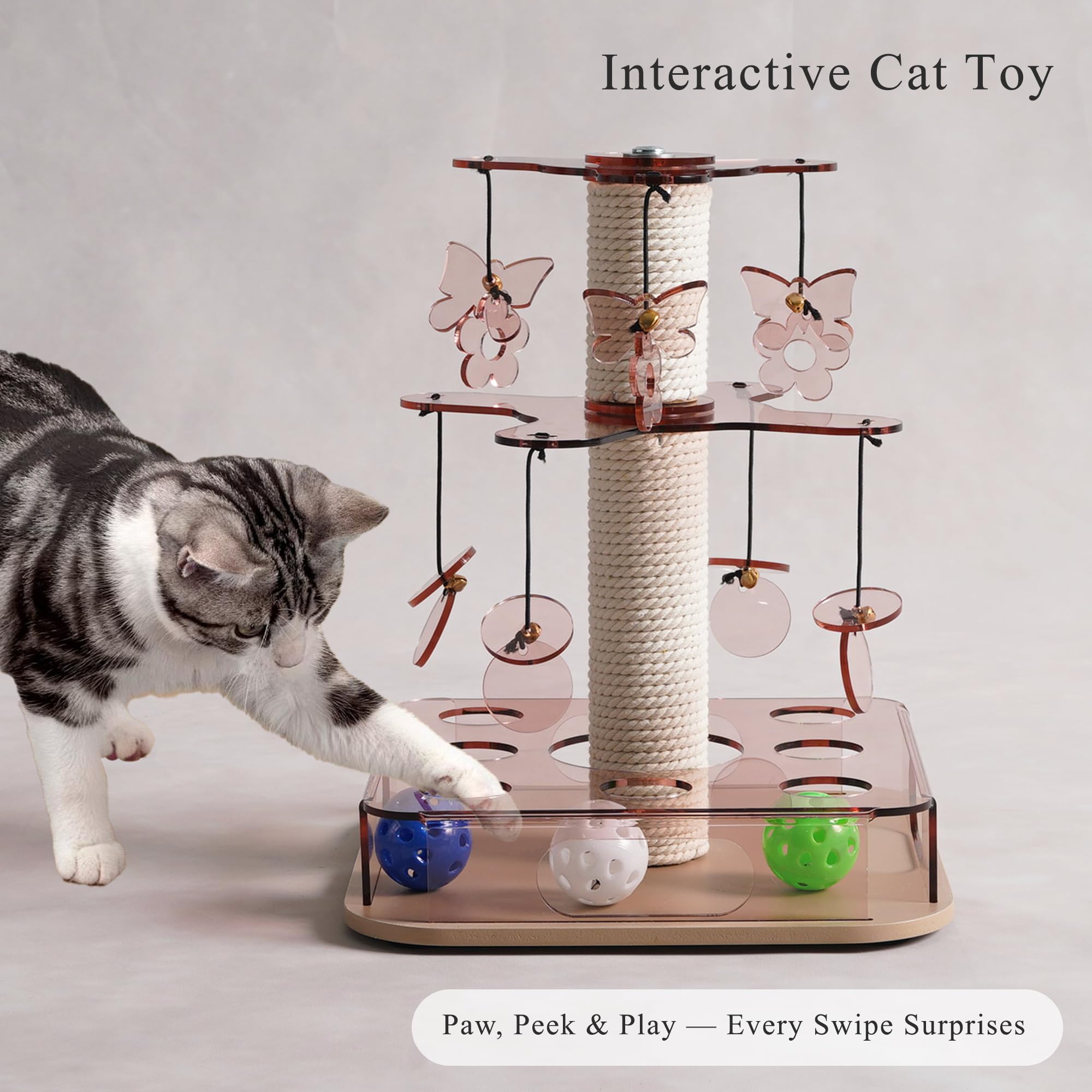 Kicari Modern 3-in-1 Interactive Cat Toy with Scratching Post, Cat Puzzle Toys for Indoor Cats with Colorful Jingle Balls, 2-Lay