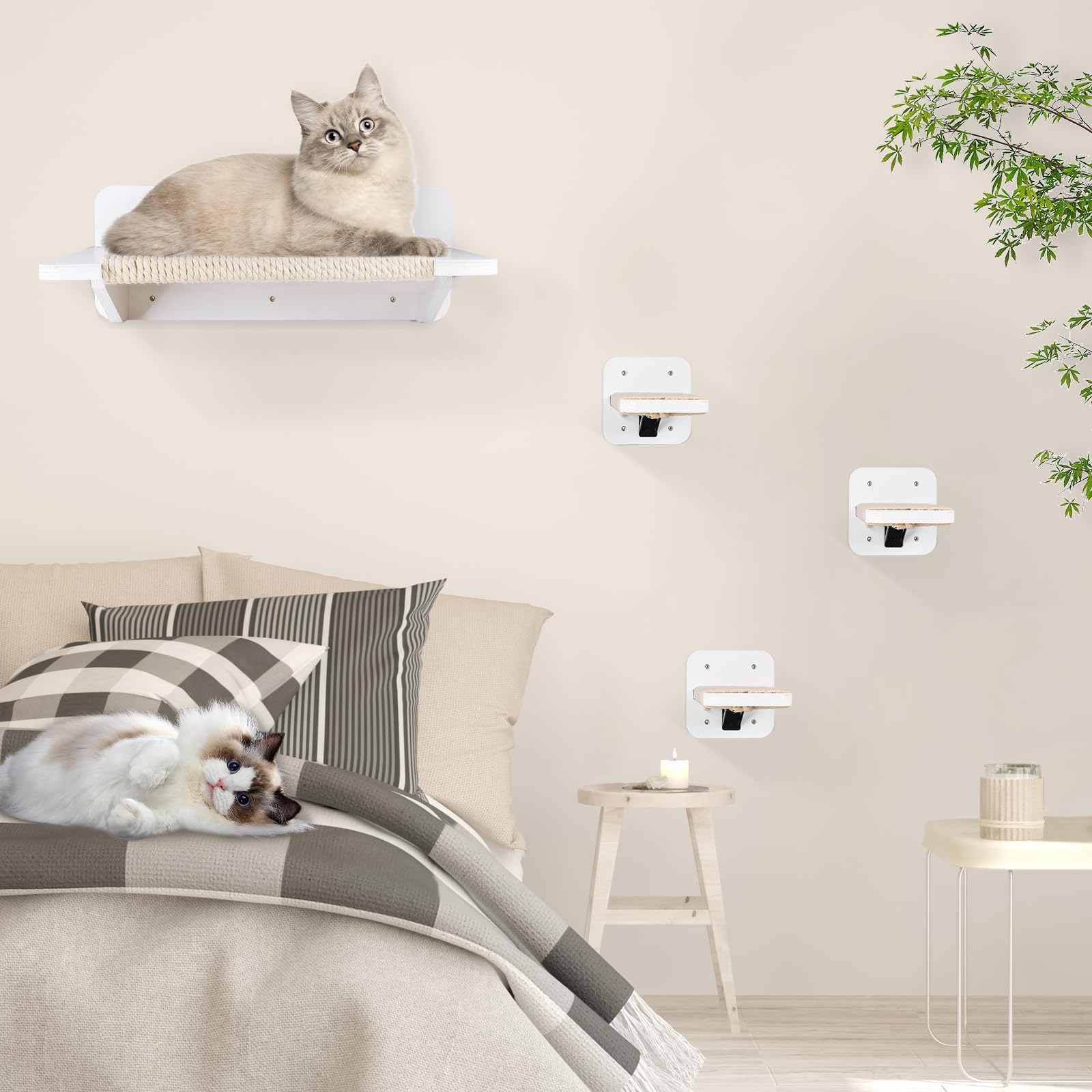 Kitty City Wall-Mounted Cat Hammock & Steps - 3-Level Cat Shelves With Scratching Post & Hemp Rope, Perfect For Indoor Cats