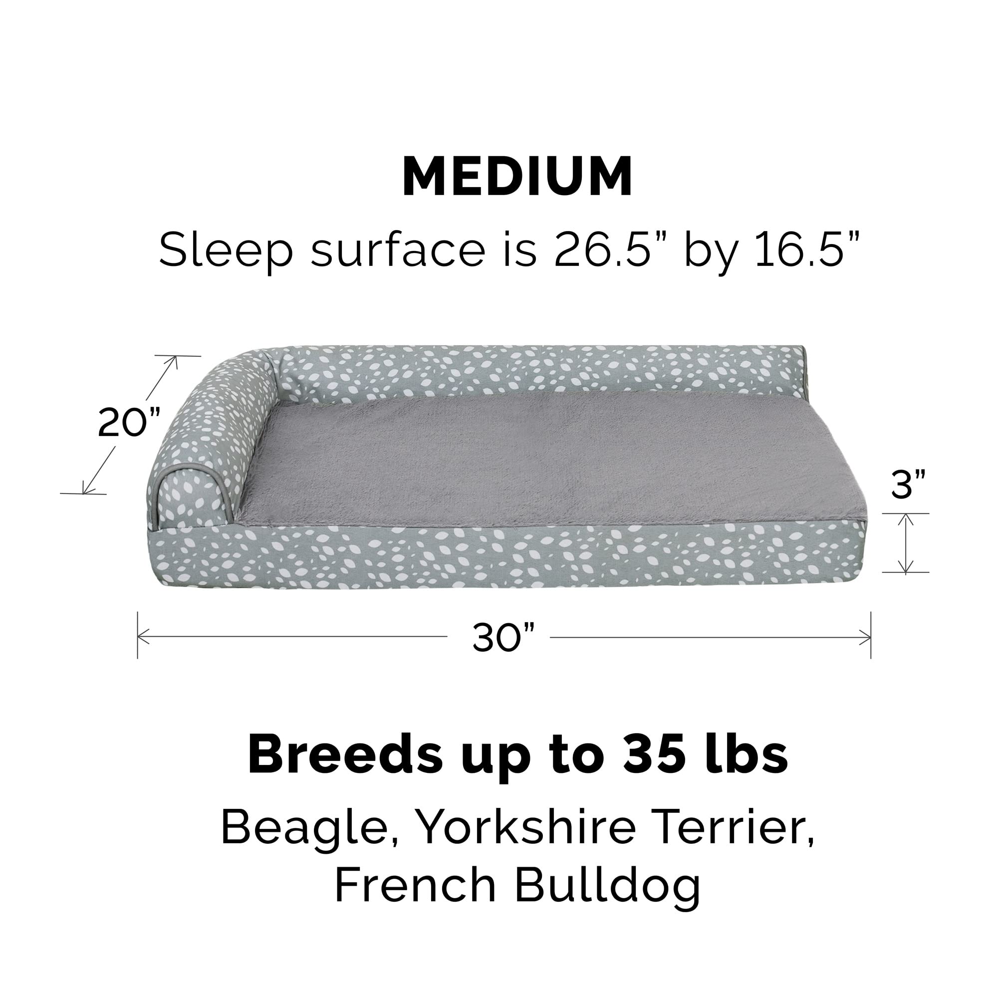 Furhaven Orthopedic Dog Bed For Medium/Small Dogs W/ Removable Bolsters & Washable Cover, For Dogs Up To 35 Lbs - Plush & Almond Print L Shaped Chaise - Gray Almonds, Medium