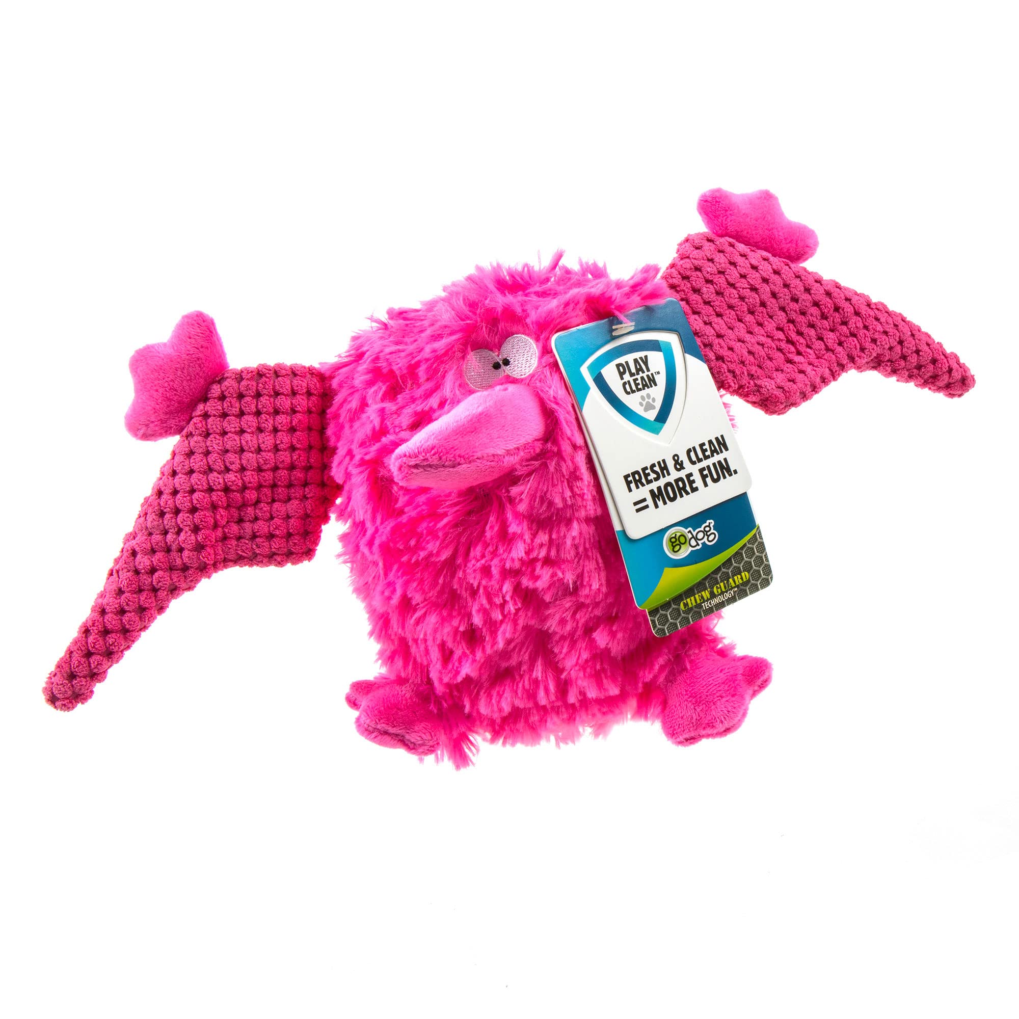 Godog Playclean Pterodactyl Squeaky Plush Dog Toy With Odor-Eliminating Essential Oils, Chew Guard Technology - Pink, Small