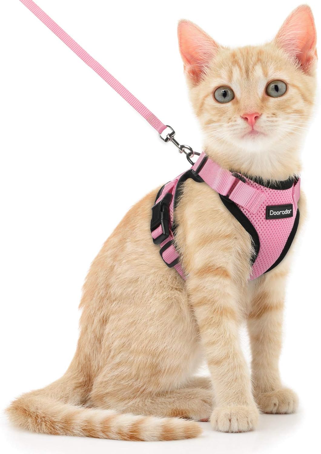 Dooradar Cat Harness and Leash Set, Adjustable Pink XS Vest, Soft Mesh, Escape Proof, Reflective Strips, Model YXMJTZ02XSPK20CW