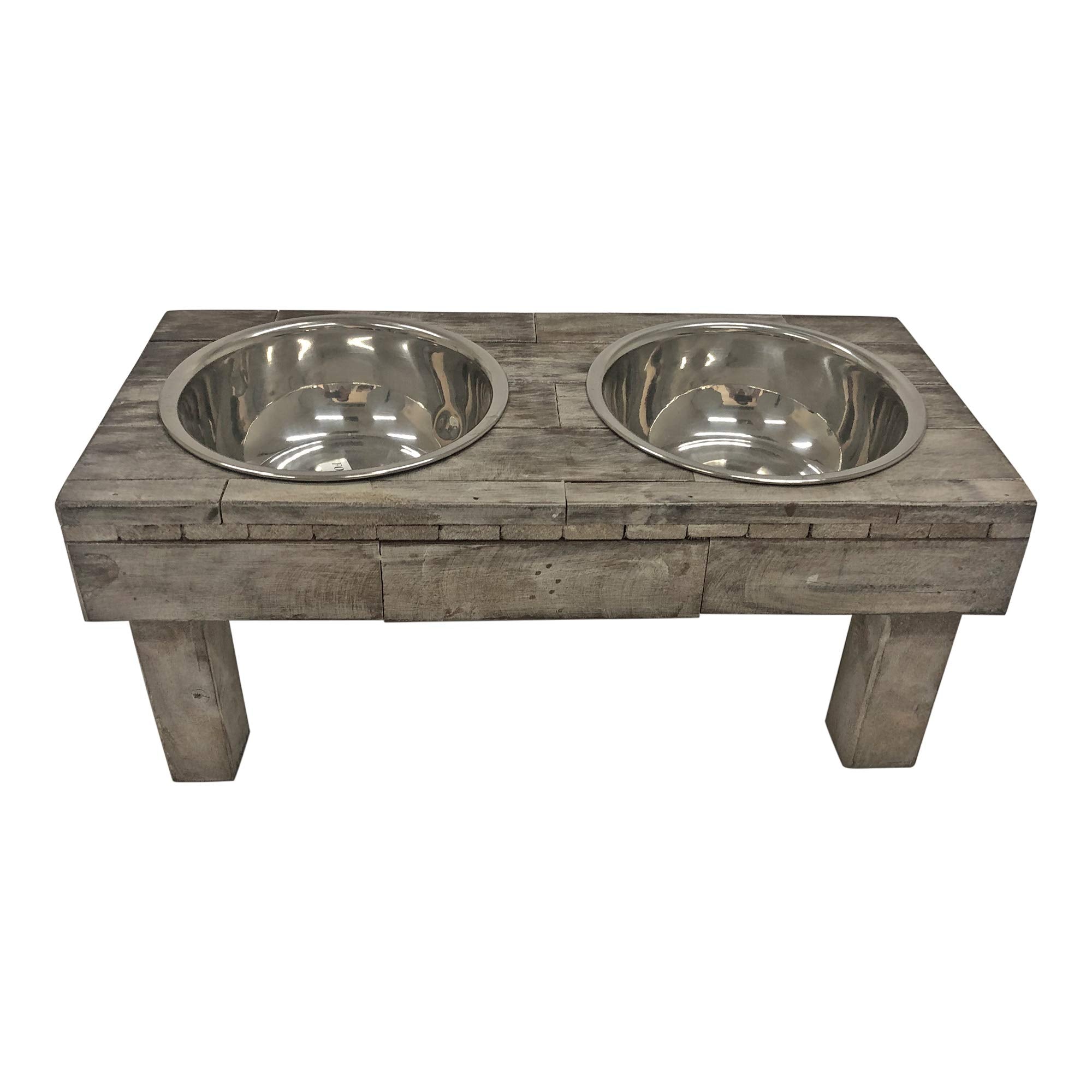 Huntley Equestrian Pet Berjen Table Elevated Double Bowl Pet Feeder, Brown Wash (Large) (02189)