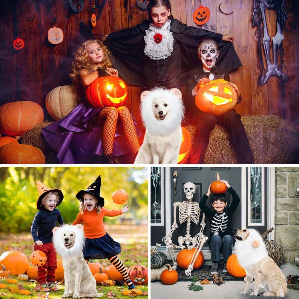 Vivifying Lion Mane Dog Costume, Adjustable Lion Wig With Faux Fur For Medium&Large Dogs, Halloween Dog Accessory Perfect For Parties, Photoshoots, And Role-Playing (Large, White)