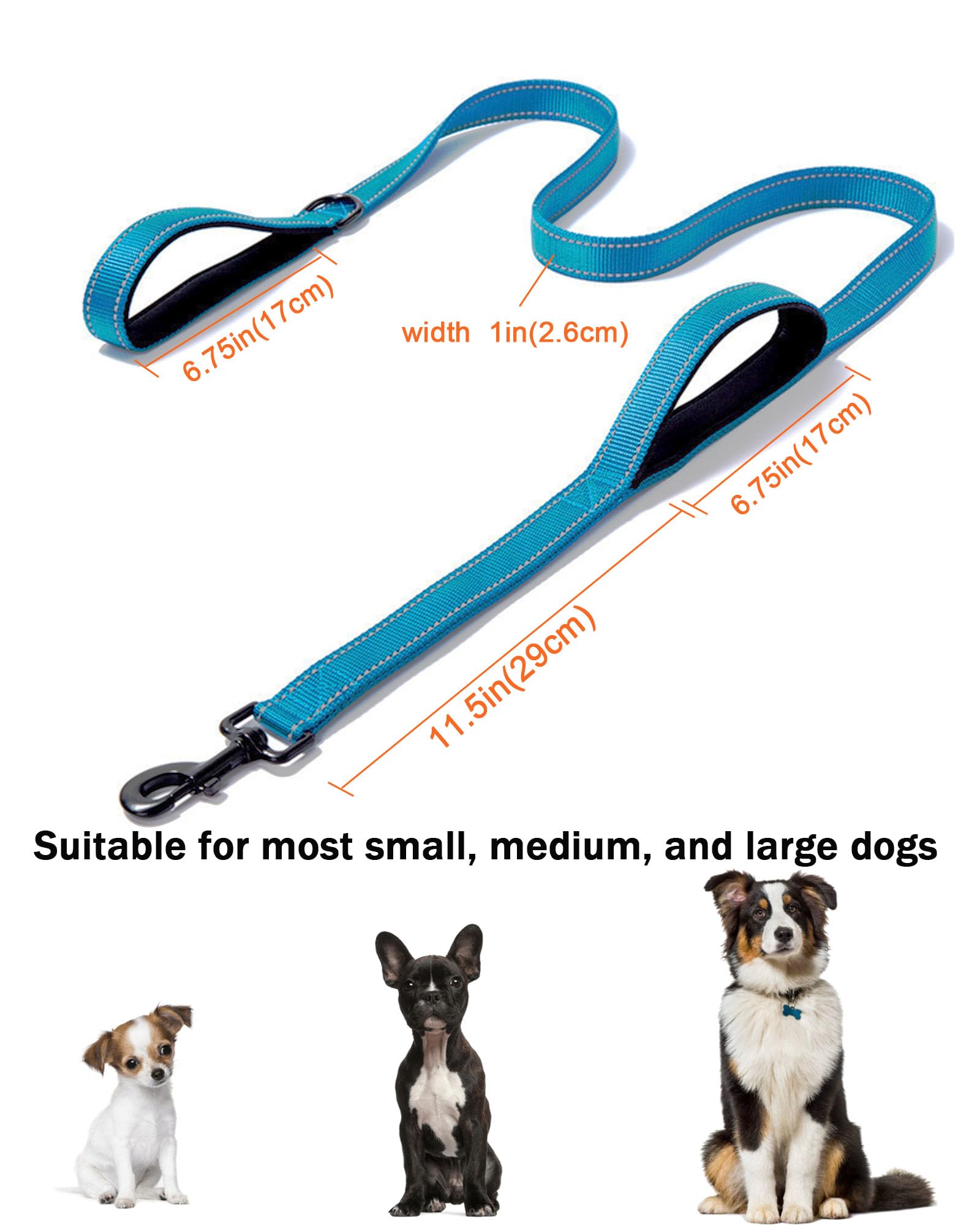 Solmoony 6Ft Blue Strong Dog Leash With 2 Padded Handles, Traffic Handle Extra Control, Double-Sided Reflective Walking Lead For