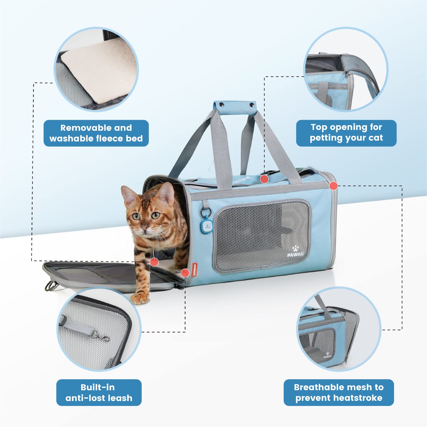 Pawaii Airline Approved Cat Carrier, Cat Carrier With Id Tag, Collapsible Pet Travel Carrier, Foldable, Protable, Travel Friendly, Comfortable, Convenient Pet Travel Carrier