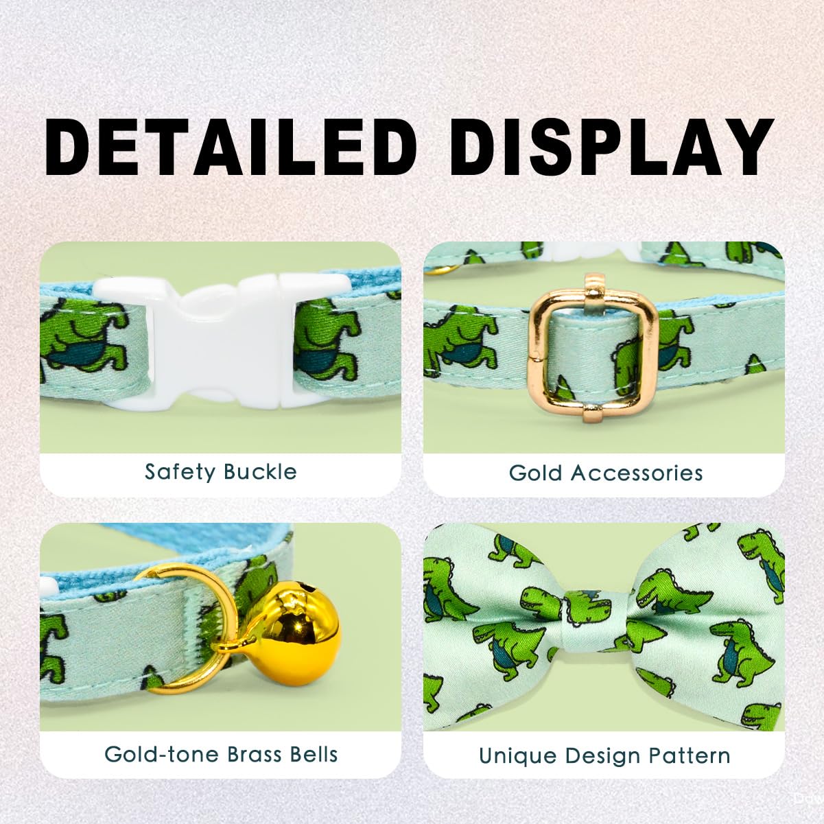 Dinosaur Cat Breakaway Collar Bow Tie With Bell, Safety Buckle Collar Bowtie For Cats