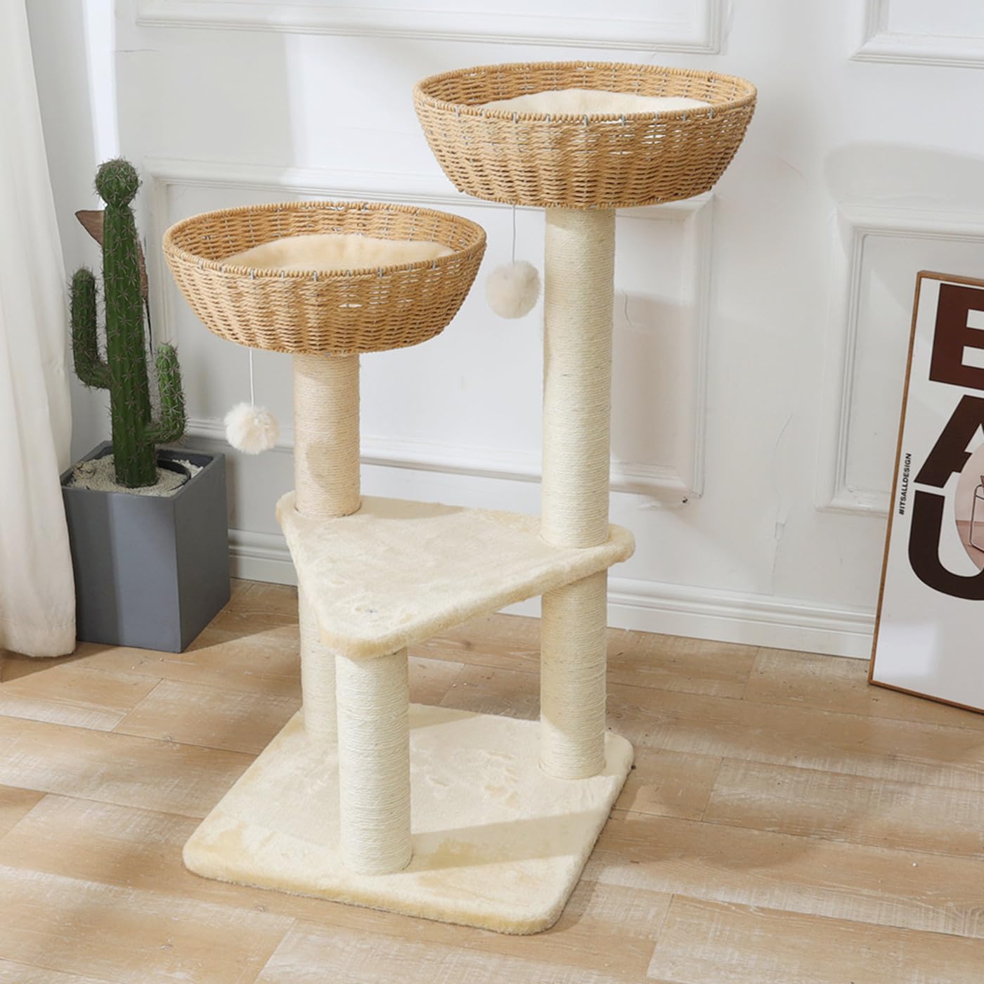 Shengocase Cat Tree Tower With Rattan Wicker Basket, 2 Handwoven Large Nest Baskets Bed, Window Perch For Large Cats Up To 20Lbs