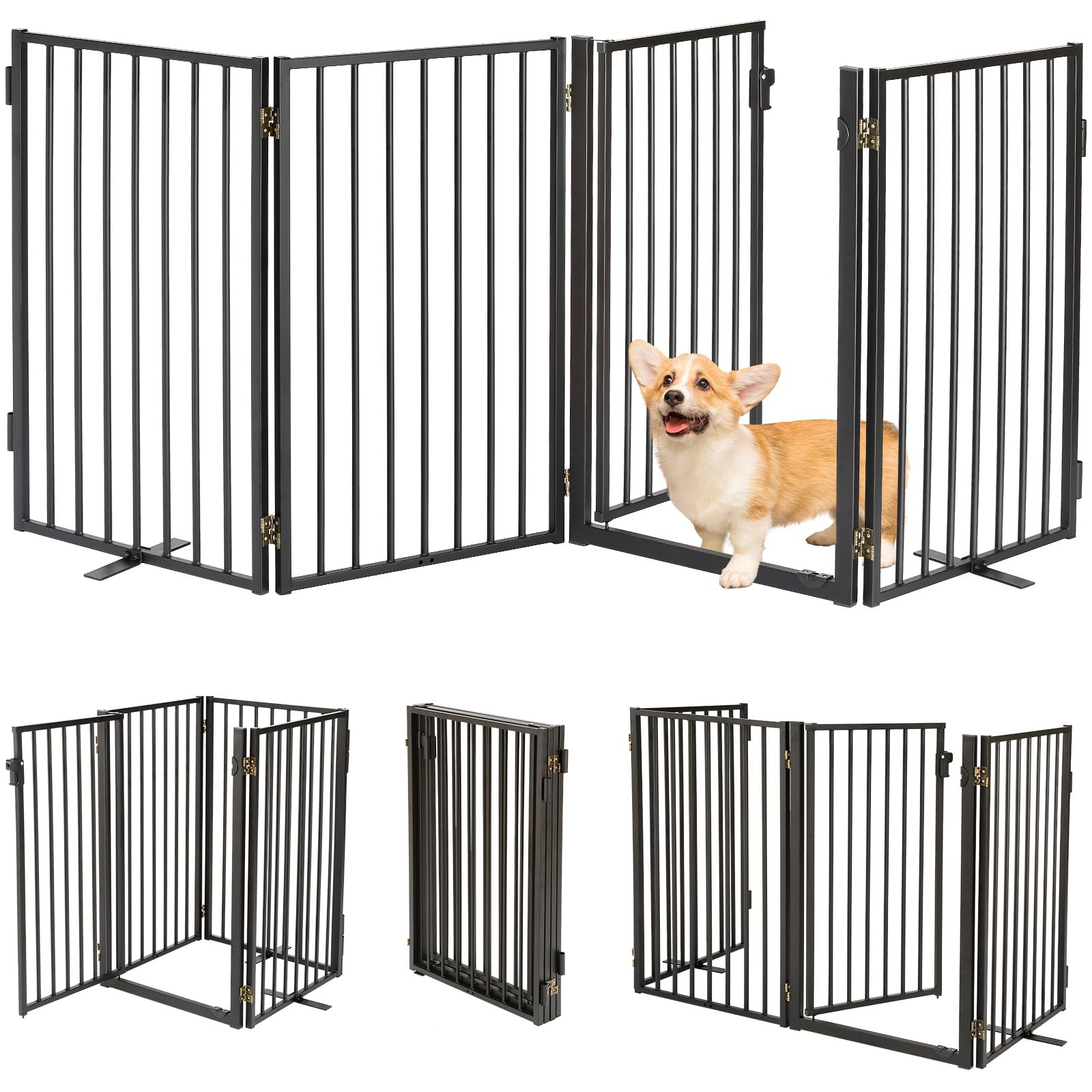Metal Freestanding Dog Gates with Door for Outdoor Indoor,80'' Extra Wide 24'' Tall Free Standing Dog Gate for Doorways,Large Op