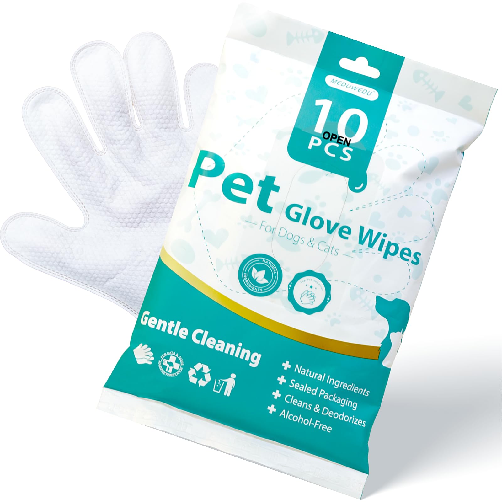 MEDUWEDU [10 Count] No-Rinse Pet Glove Wipes - 5-Finger Design, Coconut Oil & Aloe, Hypoallergenic Grooming Mitts for Dogs & Cat