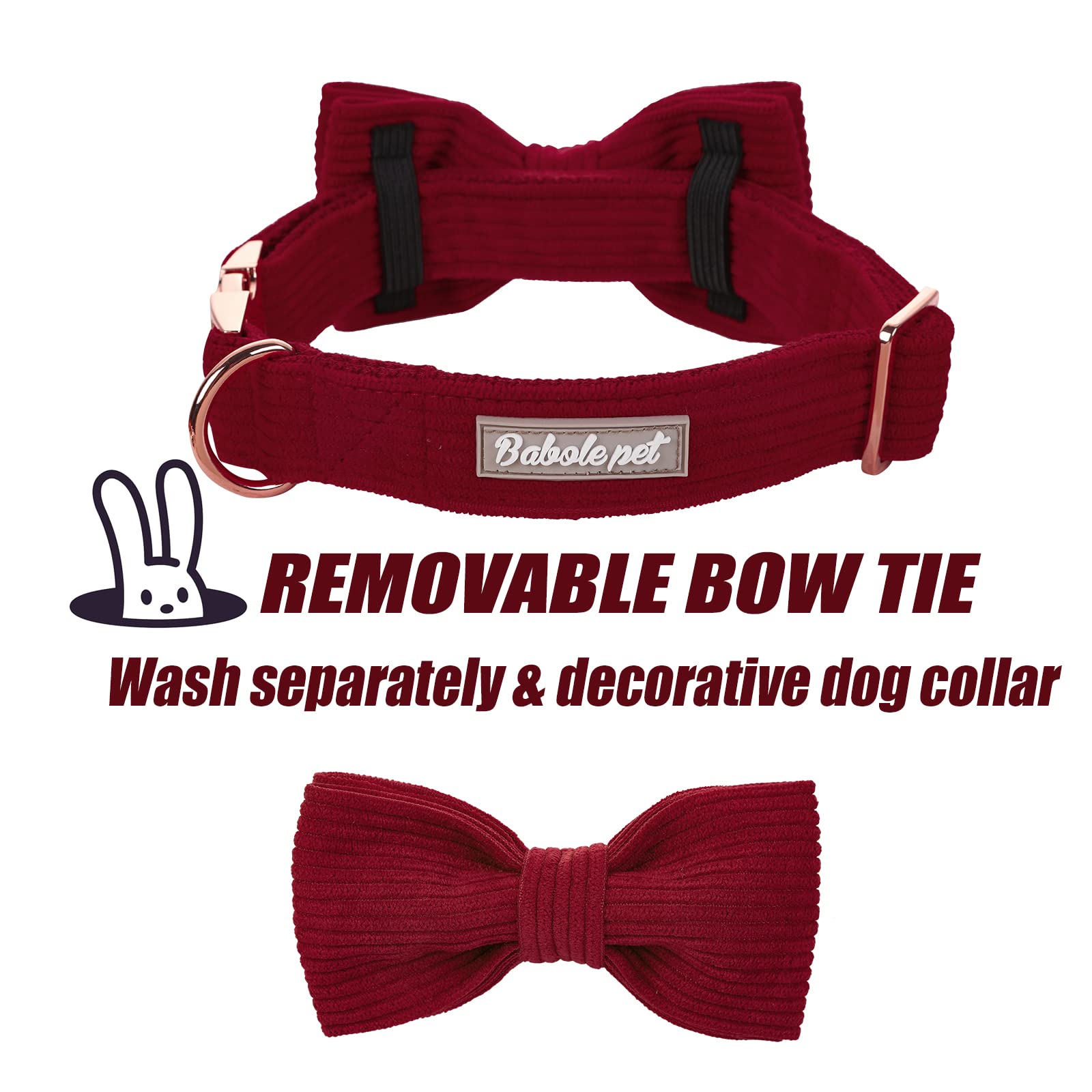 Babole Pet Wine Red Dog Collars for Medium Dog,Cute Corduroy Dog Collar with Bow Tie Safety Metal Buckle Adjustable Puppy Collar