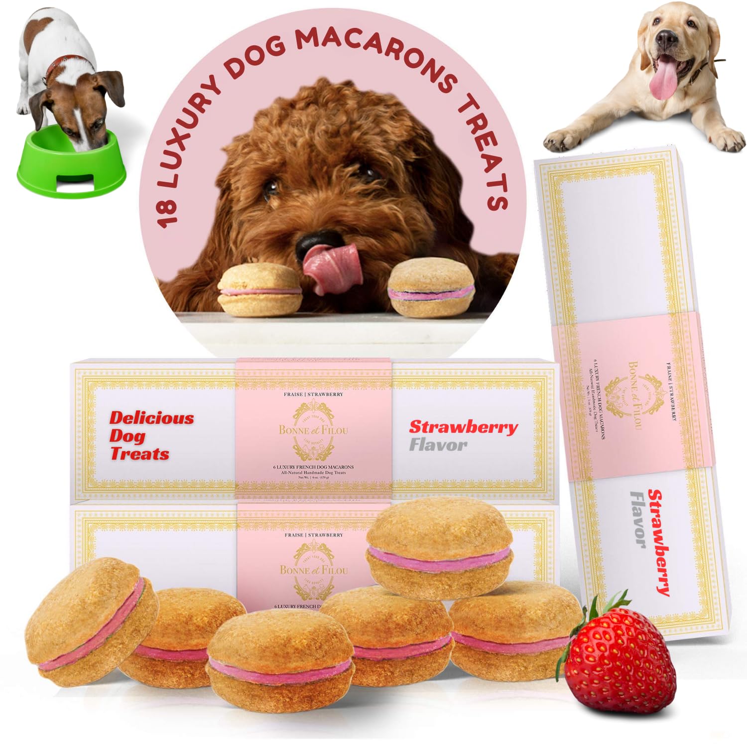 Bonne et Filou Dog Treats Strawberry Cupcakes, Dog Birthday Gift for Medium to Large Breed - Gourmet Macaron Cakes, 18 Count Bul