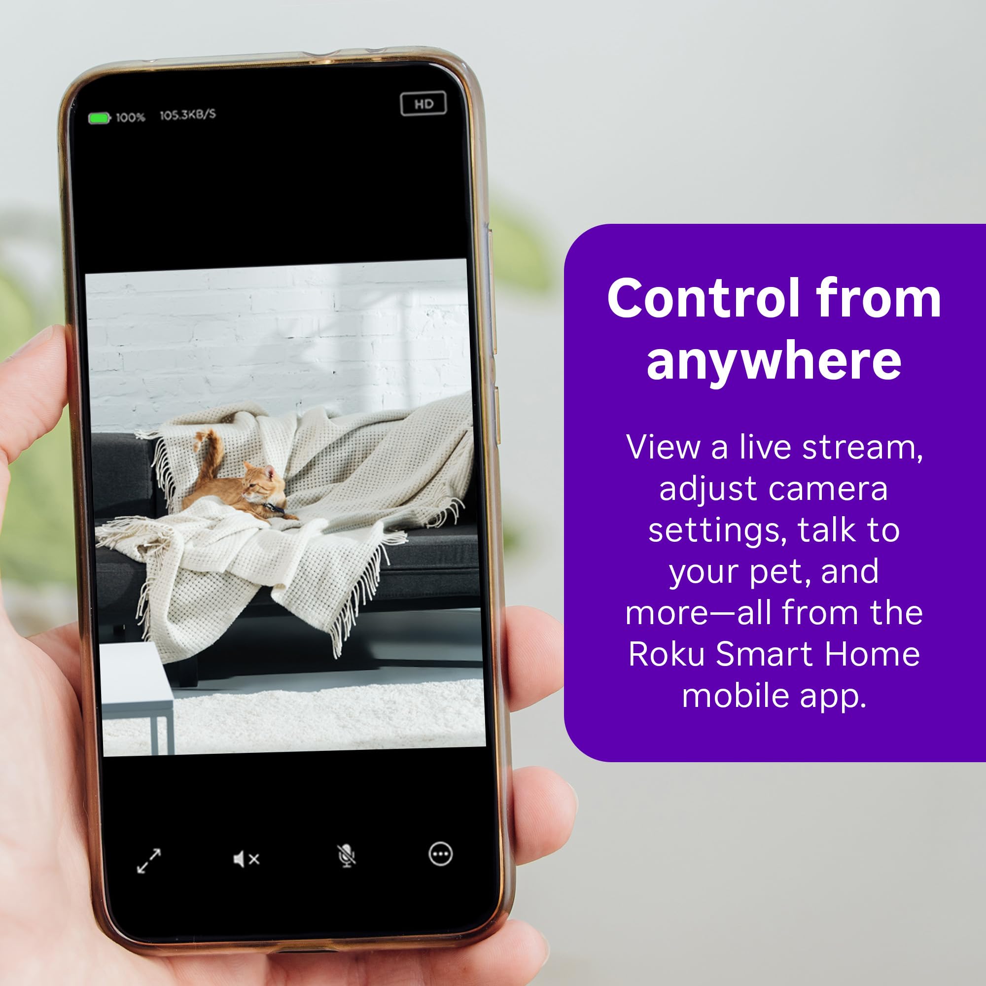 Roku Indoor Camera - Home Security - 1-Pack - Wired Security Camera & Pet Monitor with 1080p HD Color Night Vision, Works with Alexa & Google, Motion & Sound Detection, WDR & WiFi 6 -Like New