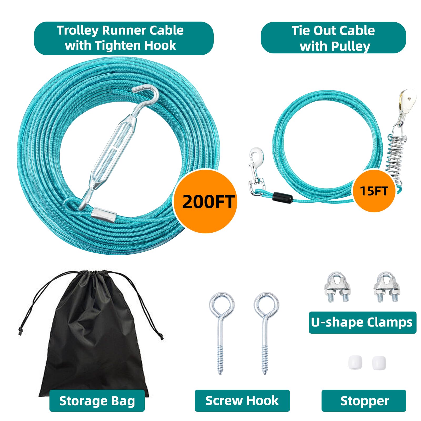 Luffwell Runner For Yard, 200Ft Long Lead With 15Ft Pulley Tie Out Cable For Heavy Duty Dogs Up To 250Lbs, Trolley System For La