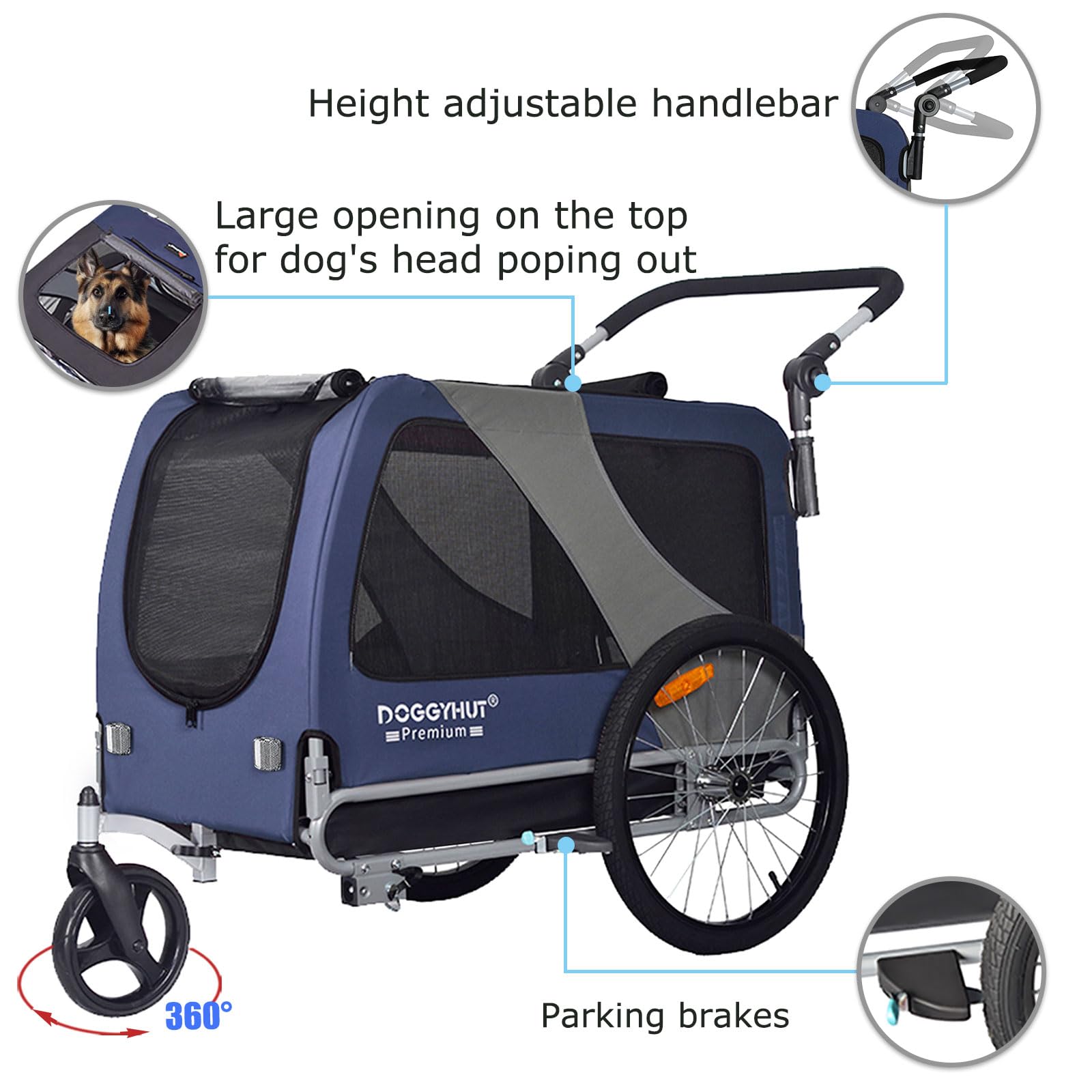 Doggyhut Premium Pet Bike Trailer & Stroller For Small,Medium Or Large Dogs,Bicycle Trailer For Dogs Up To 100 Lbs (Blue, Xl)