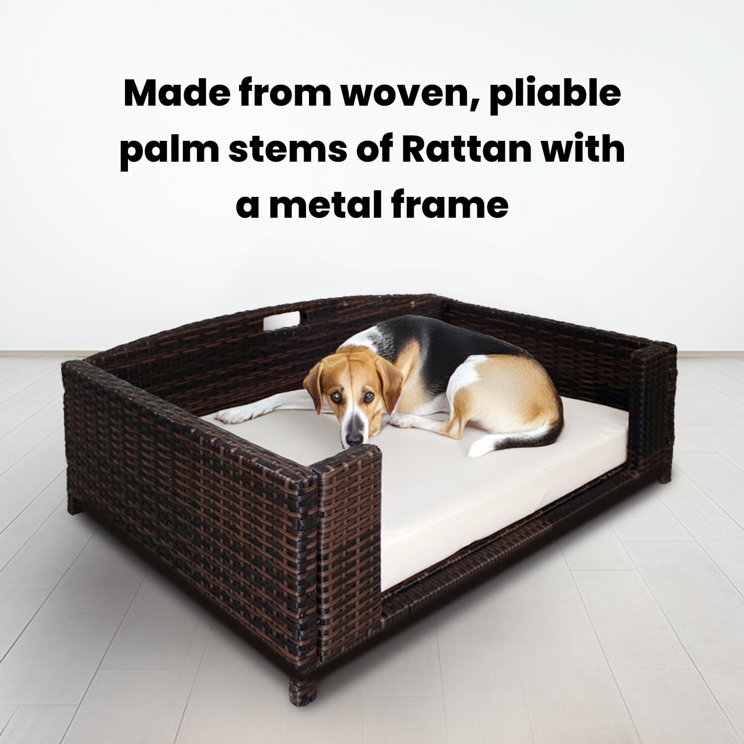 Iconic Pet Rectangular Rattan/Wicker Pet Bed, Metal Frame Indoor/Outdoor Furniture Pet Sofa/Couch for Dogs & Cats, Woven Rattan