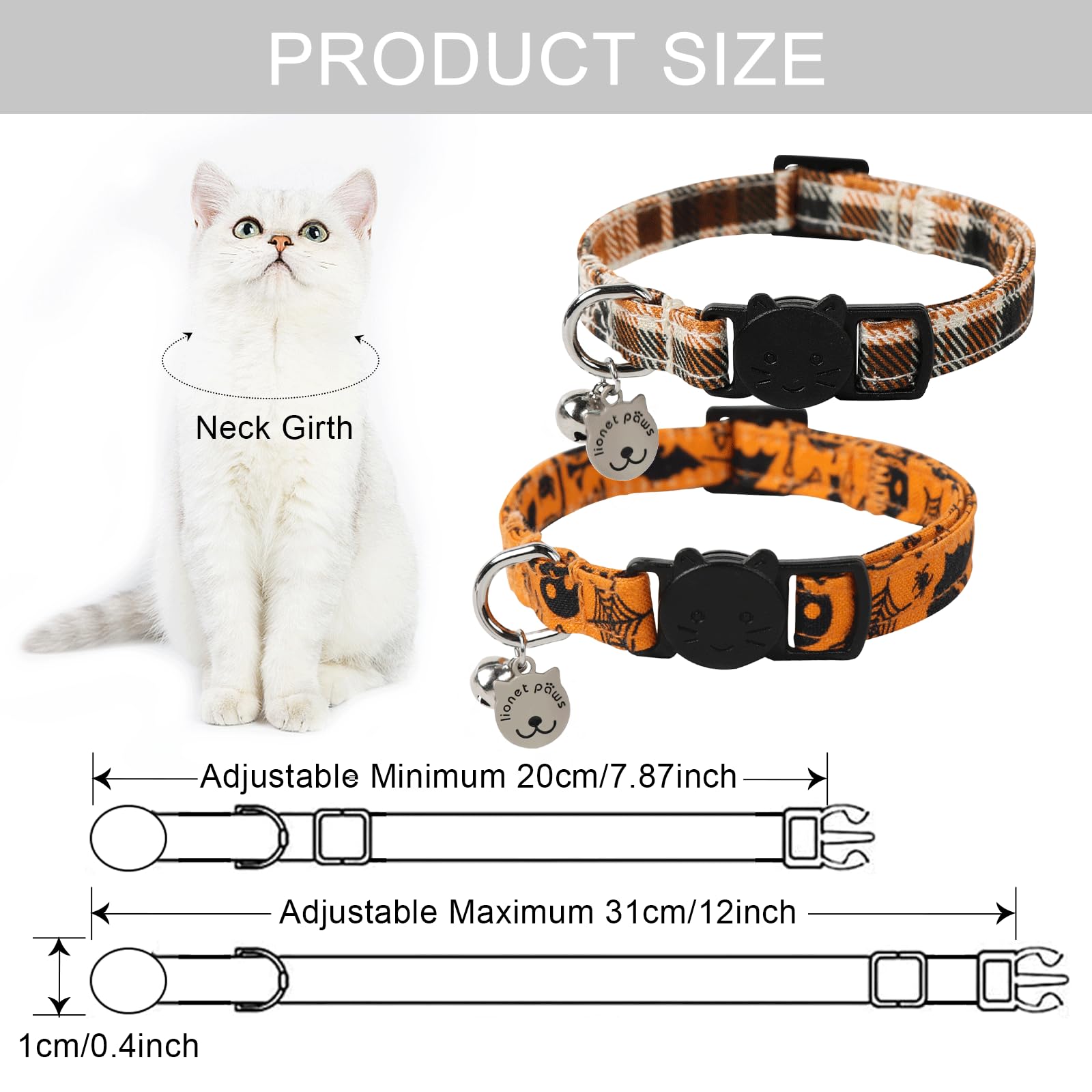 Lionet Paws 2Pcs Pack Cotton Cat Collar,Breakaway Buckle With Halloween And Brand Pendant Cute Adjustable Cat Kitten Collar,Idea