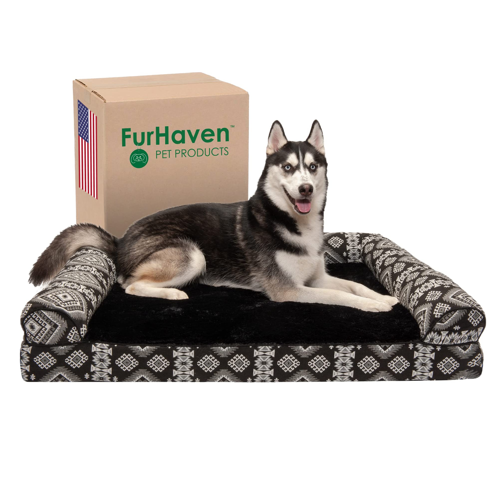 Furhaven Orthopedic Dog Bed For Large Dogs W/ Removable Bolsters & Washable Cover, For Dogs Up To 95 Lbs - Plush & Southwest Kilim Woven Decor Sofa - Black Medallion, Jumbo/Xl