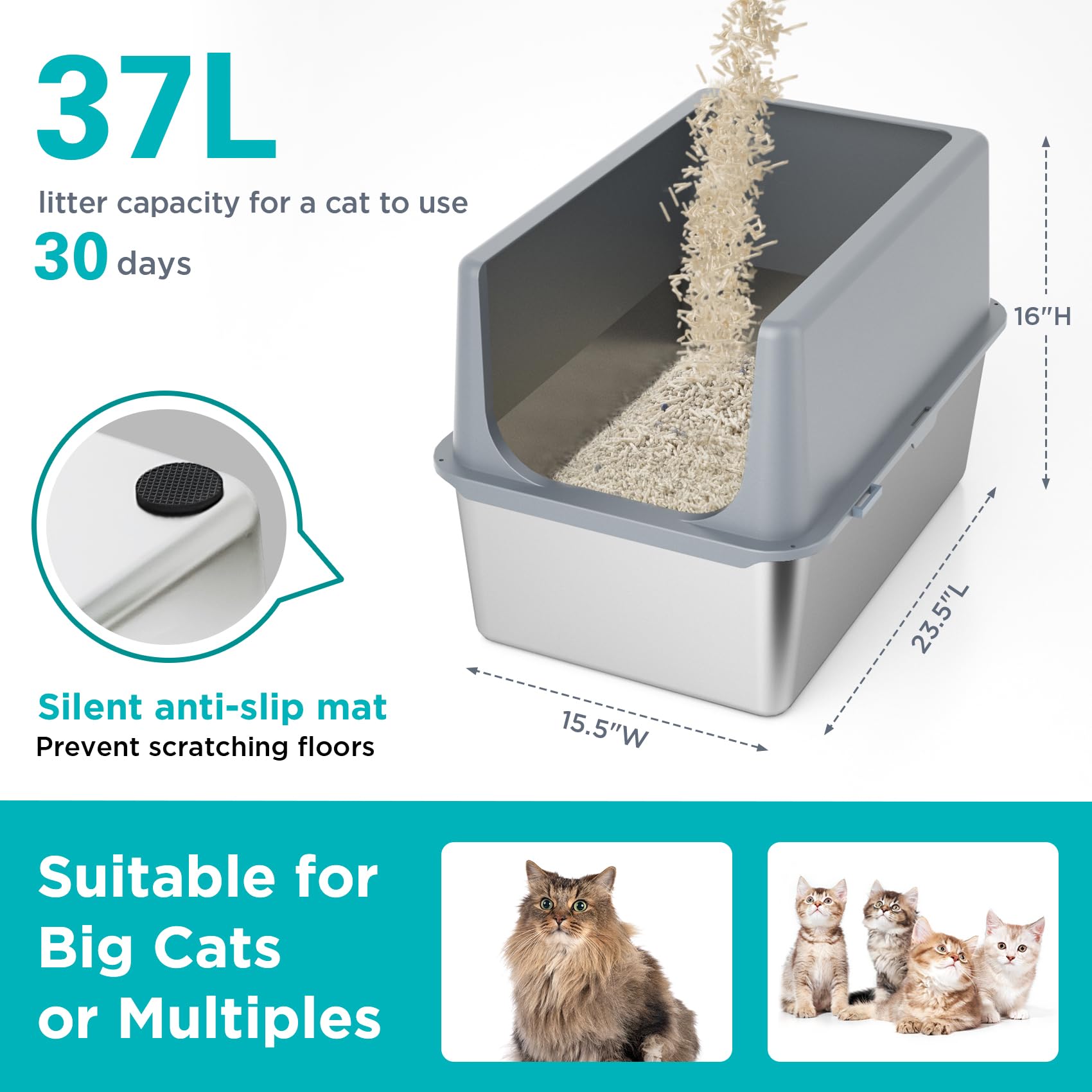 Lihong Stainless Steel Litter Box With Lid, Xl Metal Cat Litter Box For Indoor Cats, Enclosure Cat Litter Pan For Large Cats, No