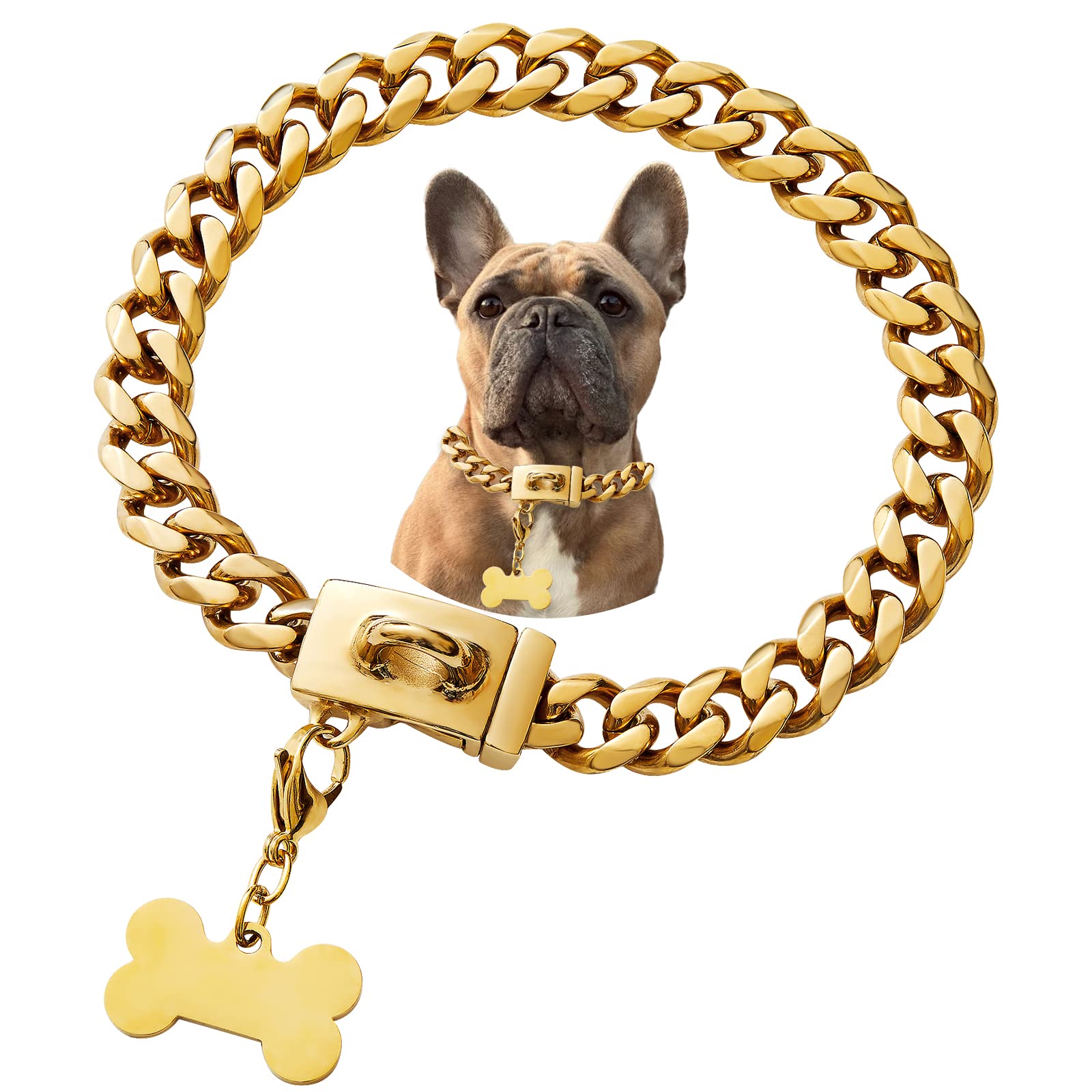 Stainless Steel Buckle Dog Collar, Cool Charm Pet Bulldog Jewelry Necklace, Waterproof Rose Gold Black Silver Anti-Chew Curb Cuban Dog Collar 16 Inch