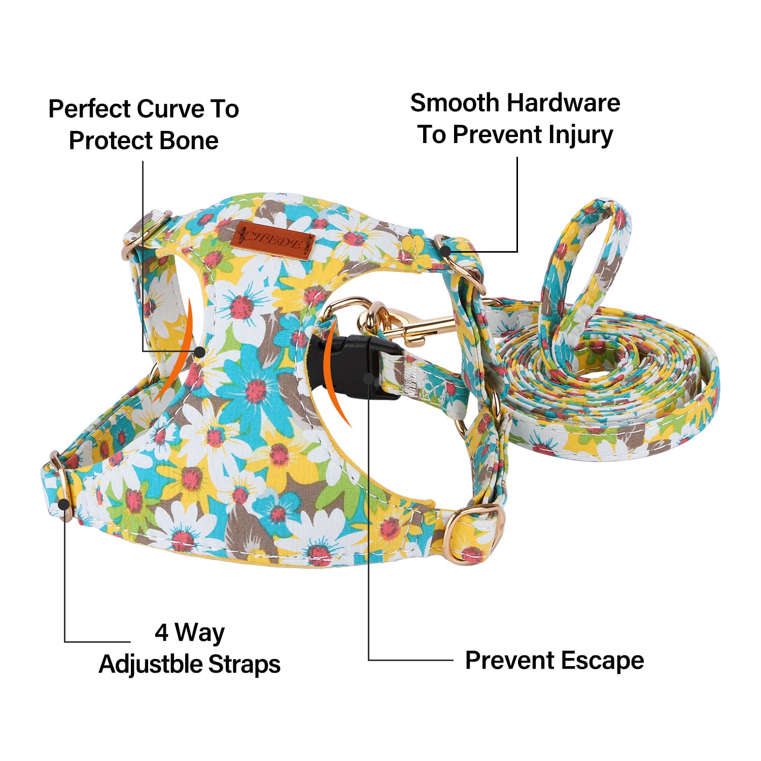 Chede No Pull Floral Pattern Dog Harness- Lightweight And Soft Dog Harness, Adjustable Small Dog Harness And Leash Set, With Dog Leash, Suitable For Puppy Small And Medium-Sized Dog