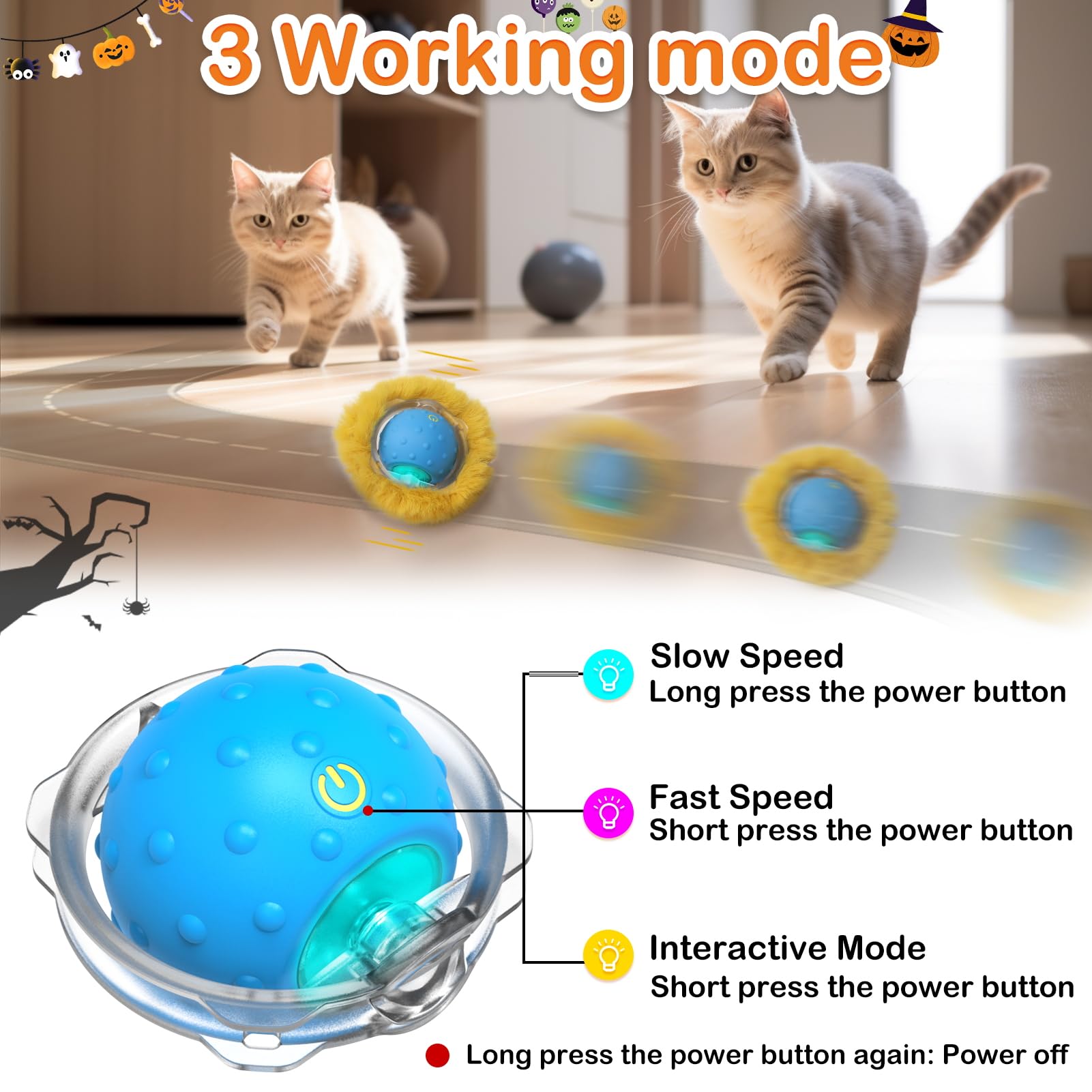 Giociv Interactive Cat Toy Ball - Fast Rolling, Motion Activated Chirping, Hide and Seek Mouse Game for Halloween Party