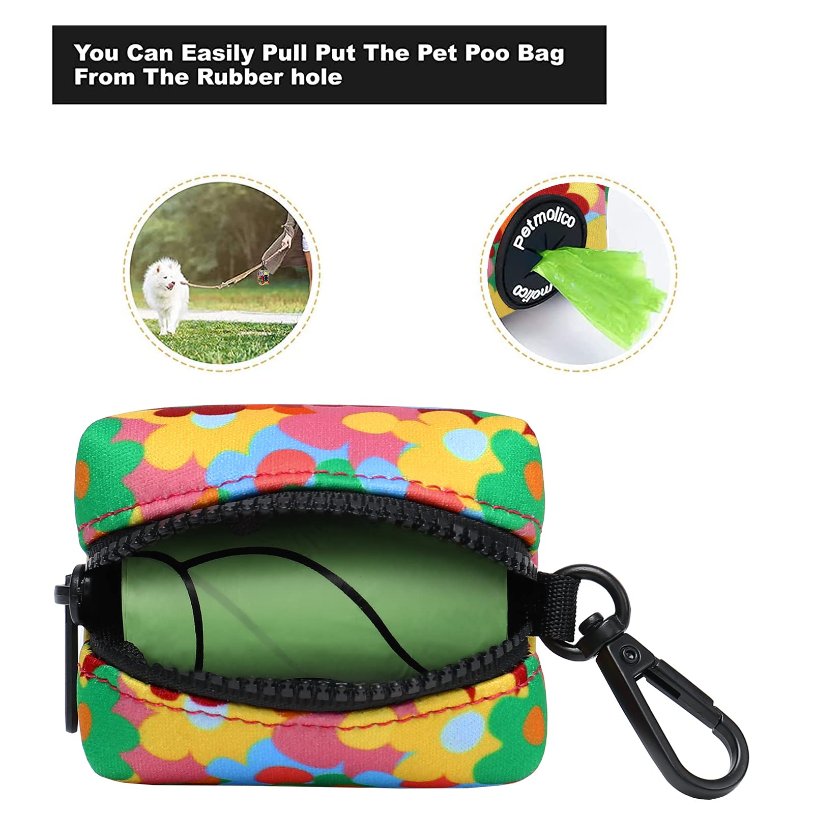Petmolico Dog Poop Bag Holder Leash Attachment, Pet Waste Bag Dispenser Zippered Pouch, Fits Any Leash, Includes Free Roll Of Do
