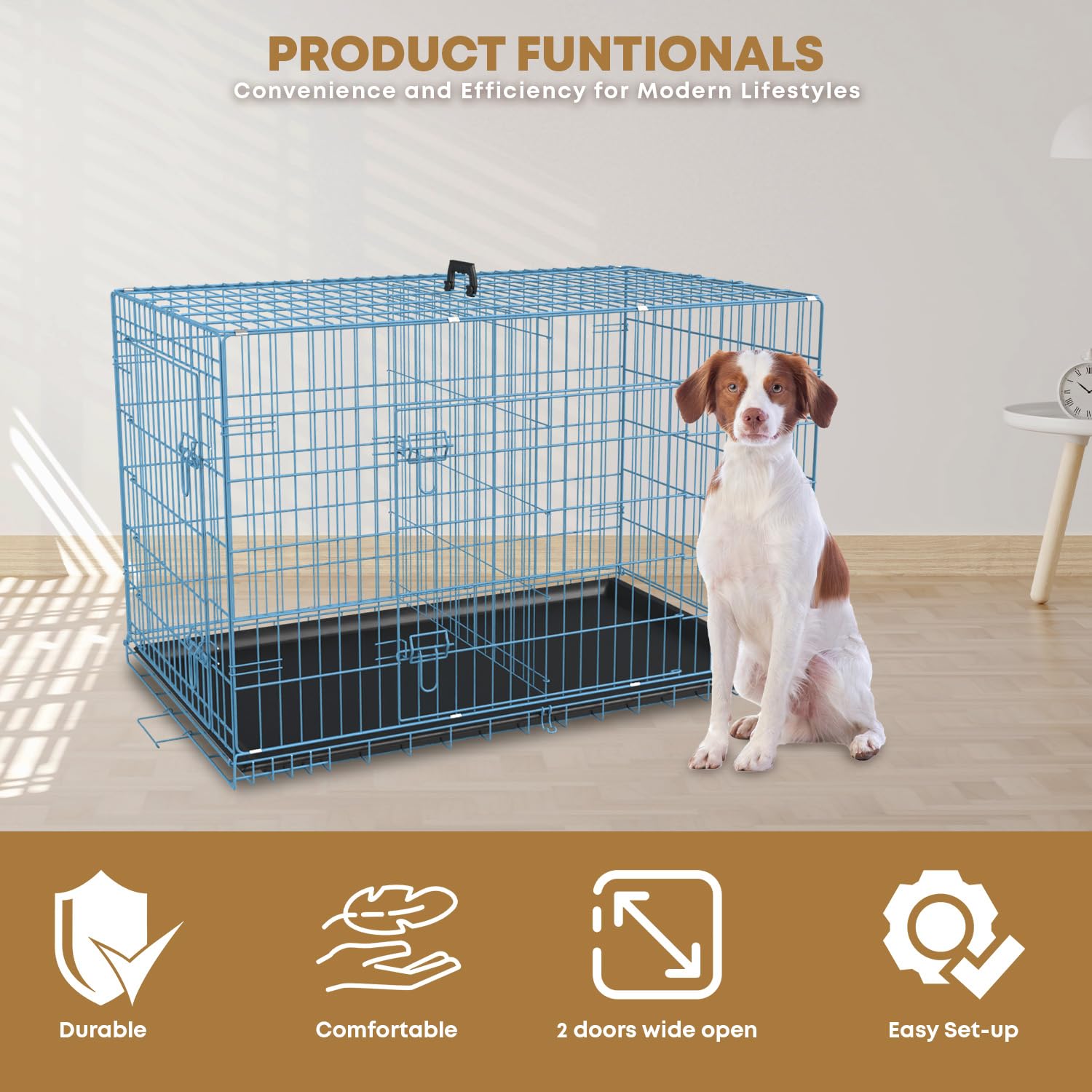 36,42,48 Inch Dog Crate For Large Dogs Dog Cage Dog Kennel Pet Crate Folding Metal Pet Cage Double Door Leak-Proof Plastic Tray