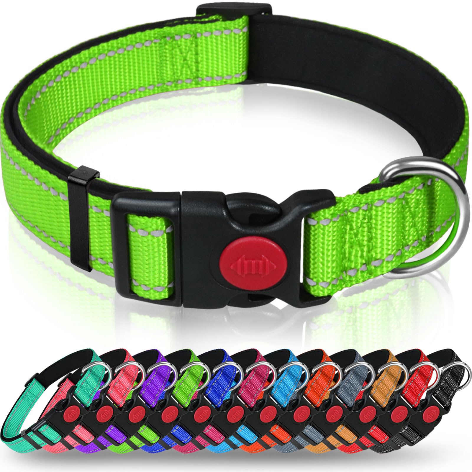Taglory Reflective Dog Collar With Safety Locking Buckle, Adjustable Nylon Pet Collars For Extra Large Dogs Female Male, Green, Xl