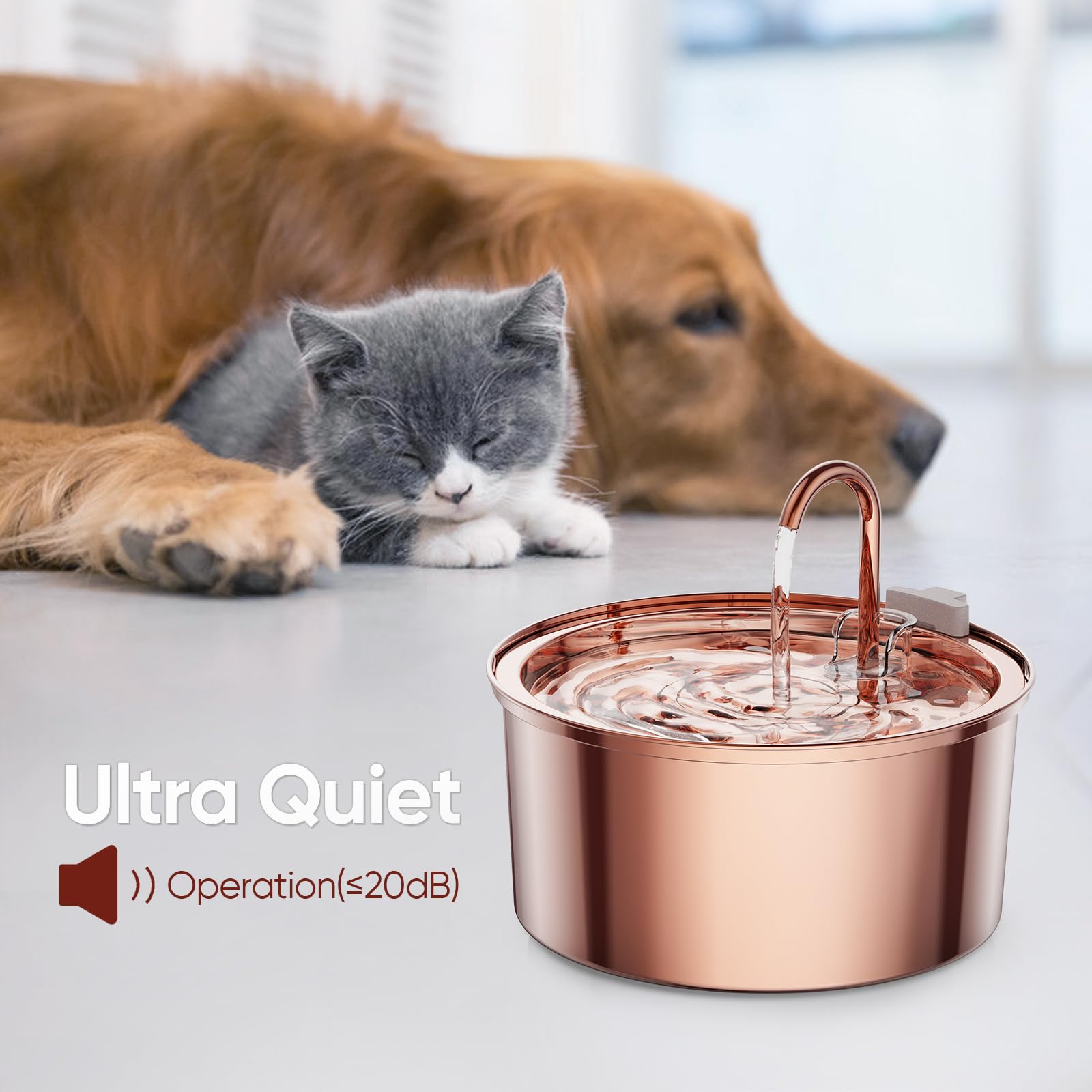 Tomxcute Cat Water Fountain Stainless Steel - 108Oz/3.2L Cat Fountain For Drinking- Large Capacity Pet Water Fountain - Copper S