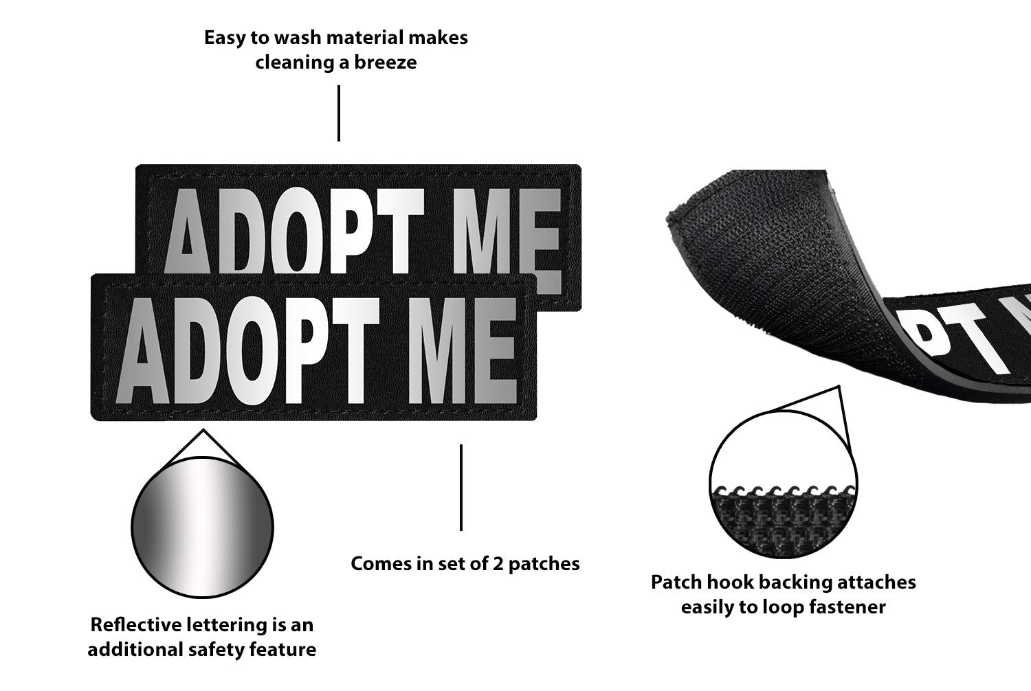 Dogline Adopt Me Vest Patches – Removable Adopt Me Patch 2-Pack With Reflective Printed Letters For Support Dog Vest Harness Collar Or Leash Large/X-Large