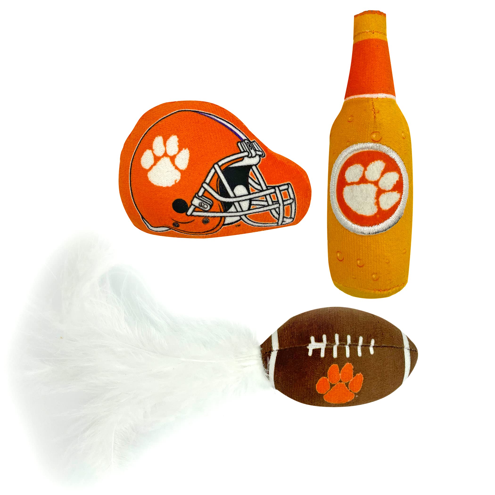 Best Plush Cat Toy - Ncaa Clemson Tigers Complete Set Of 3 Piece Cat Toys Filled With Fresh Catnip. Includes: 1 Helmet Cat Toy, 1 Football Cat Toy With Feathers & 1 Beer Bottle. Beautiful Team Logos