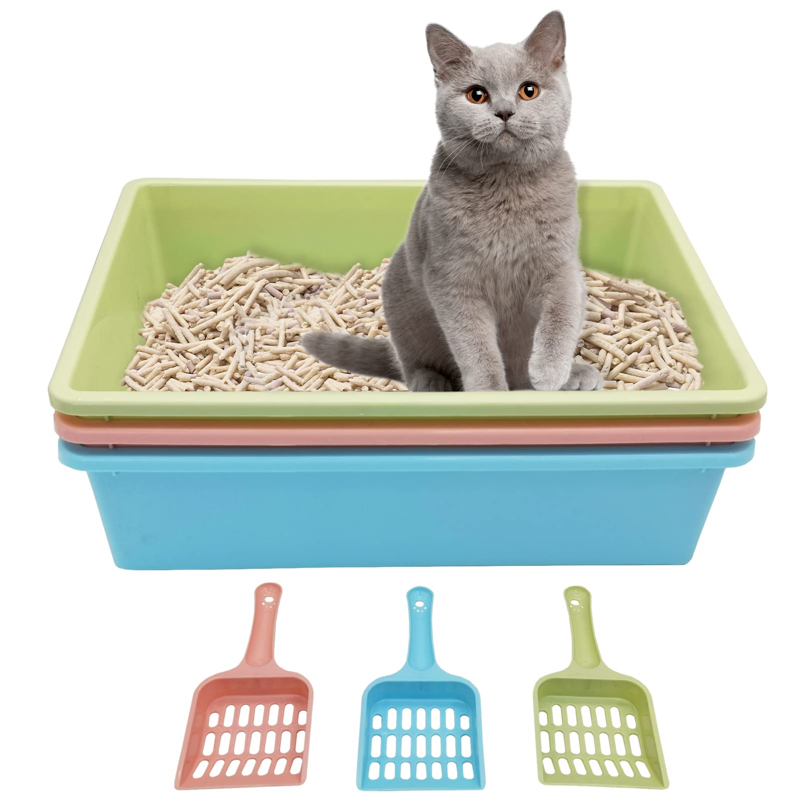 Kathson 3Pcs Medium Open Cat Litter Box With Scoop, Durable Non-Stick Plastic Litter Pan For Cats, Puppies, Bunnies, And Small A