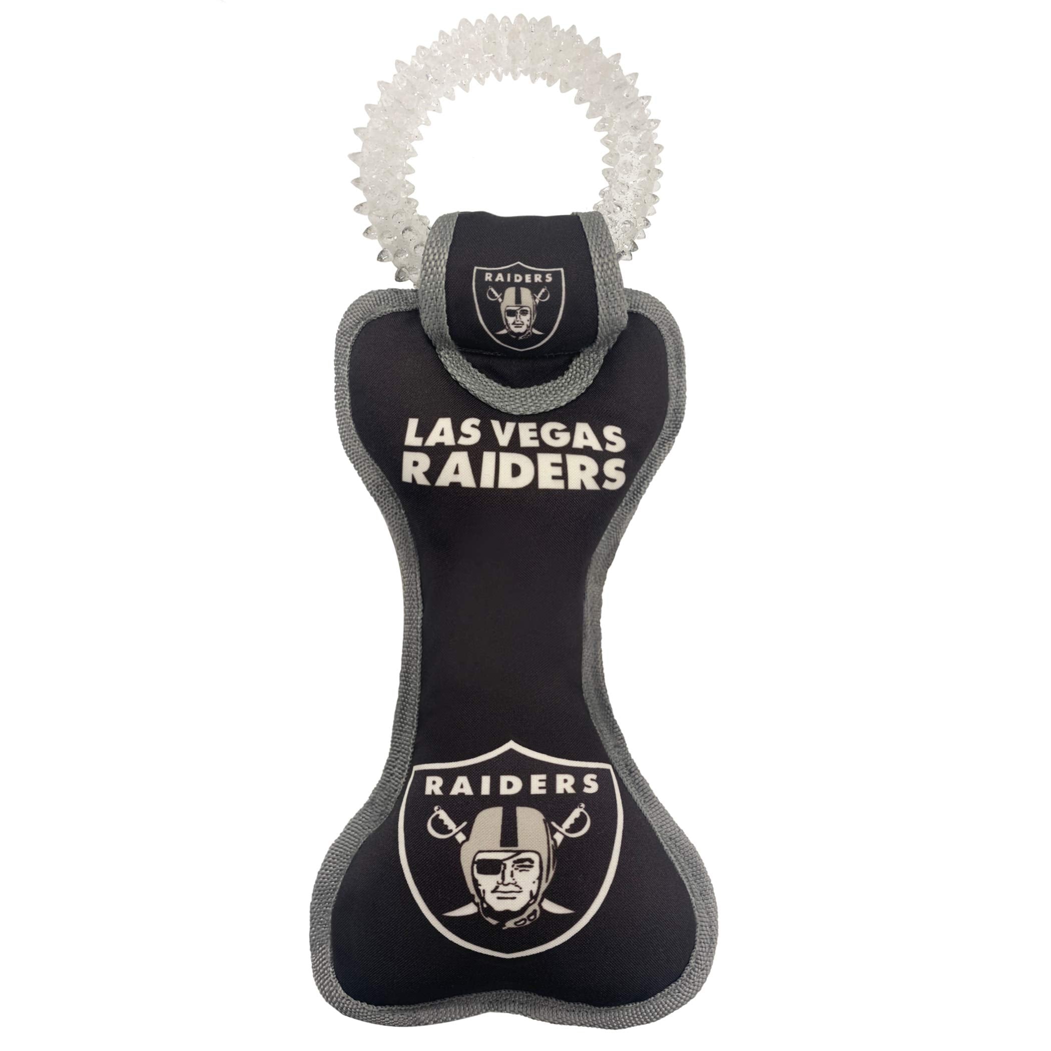 Pets First NFL Las Vegas Raiders Football Dental Tough Dog TUG Bone Toy with Built-in Squeaker Attached to a Safe Rubber Teethin
