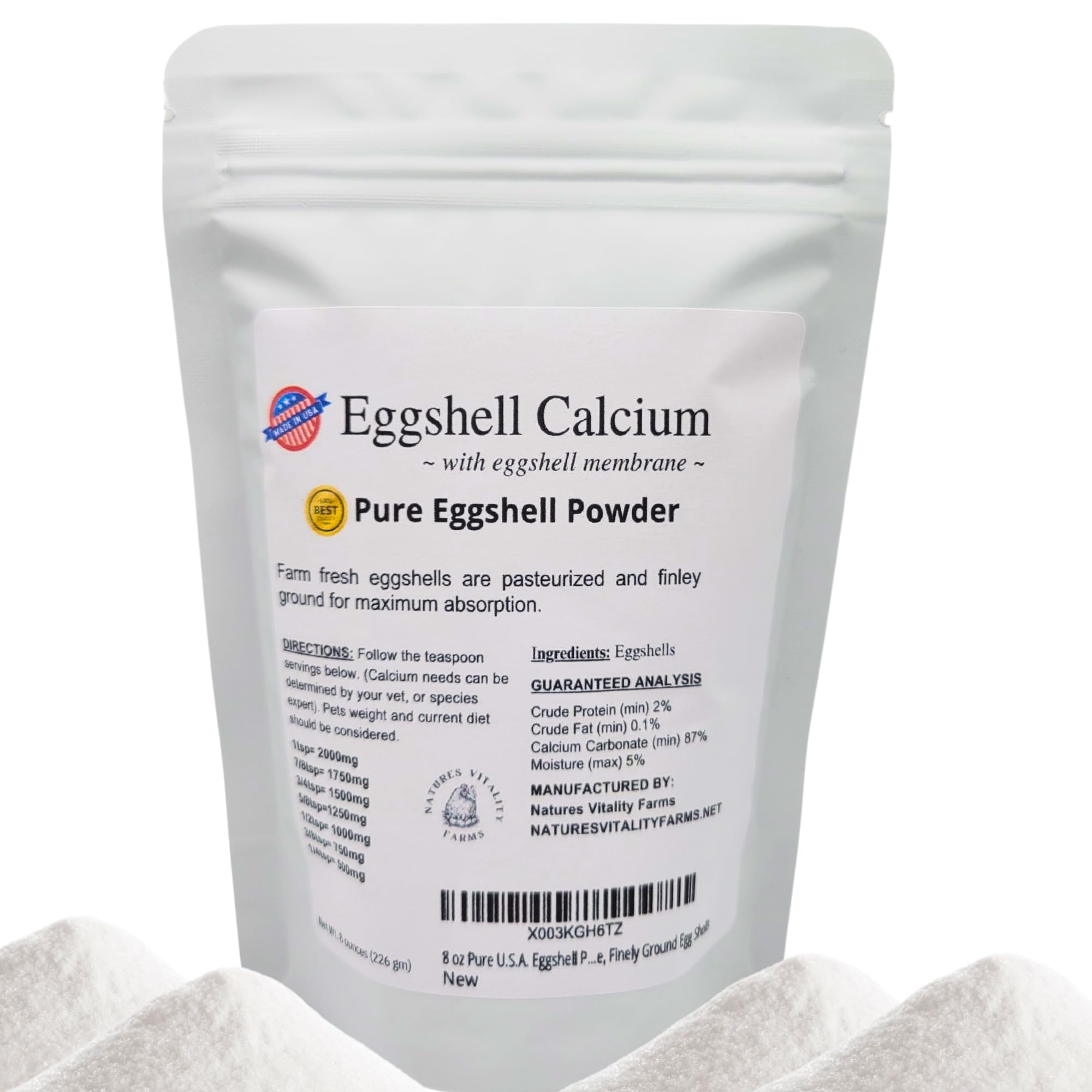 8 oz Pure U.S.A. Eggshell Powder for Dogs/Cats, Calcium Supplement with Membrane, Finely Ground Egg Shells