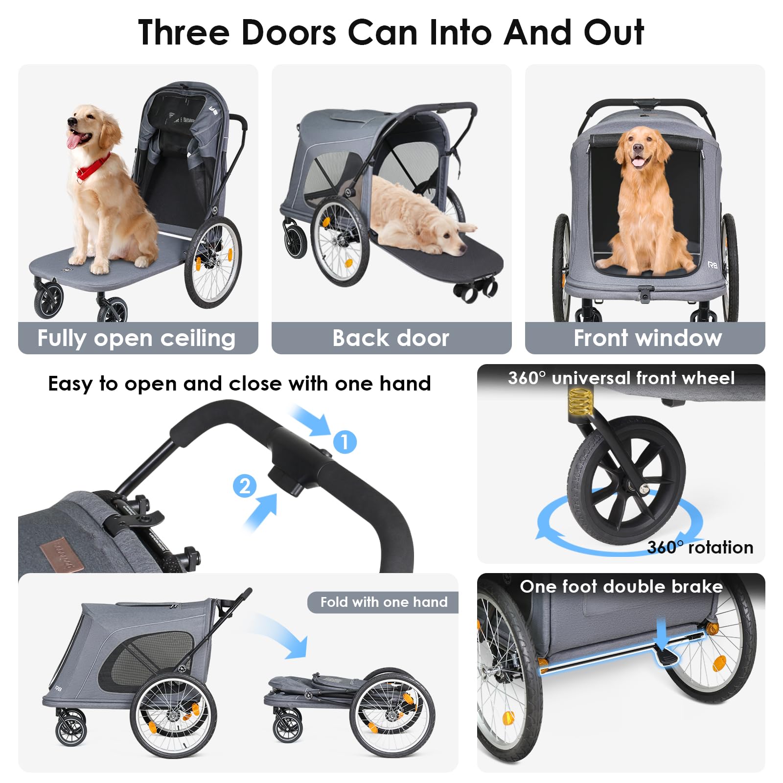 Beberoad Pets R8 Extra Large Foldable Pet Stroller, Dog Stroller & Pet Trailer for Large Dogs Under 100 lbs, Unmovable, Disabled