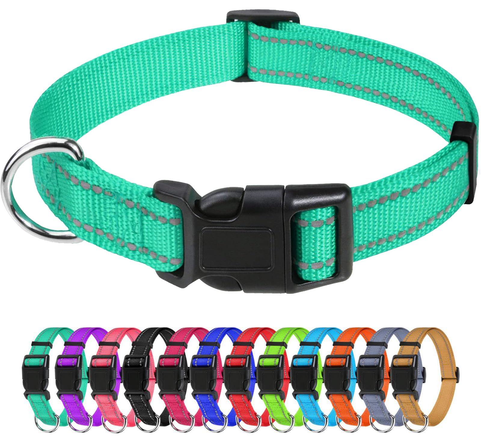 Tagme Reflective Nylon Dog Collars, Adjustable Classic Dog Collar With Quick Release Buckle For Small Dogs, Turquoise, 3/4' Width