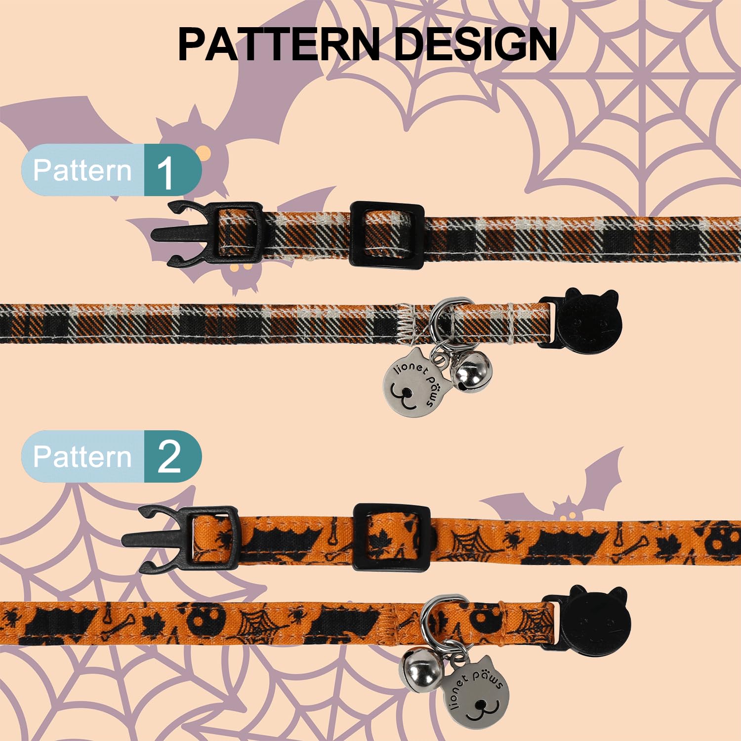 Lionet Paws 2Pcs Pack Cotton Cat Collar,Breakaway Buckle With Halloween And Brand Pendant Cute Adjustable Cat Kitten Collar,Idea