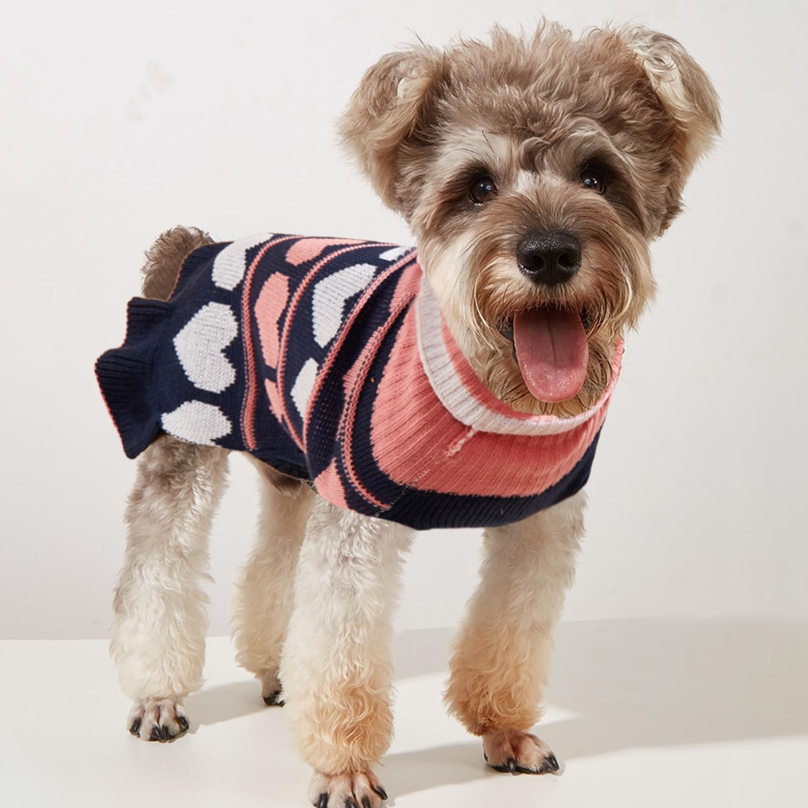 Jecikelon Pet Dog Long Sweaters Dress Knitwear Turtleneck Pullover Warm Winter Puppy Sweater Long Dresses (Navy Heart, Large)