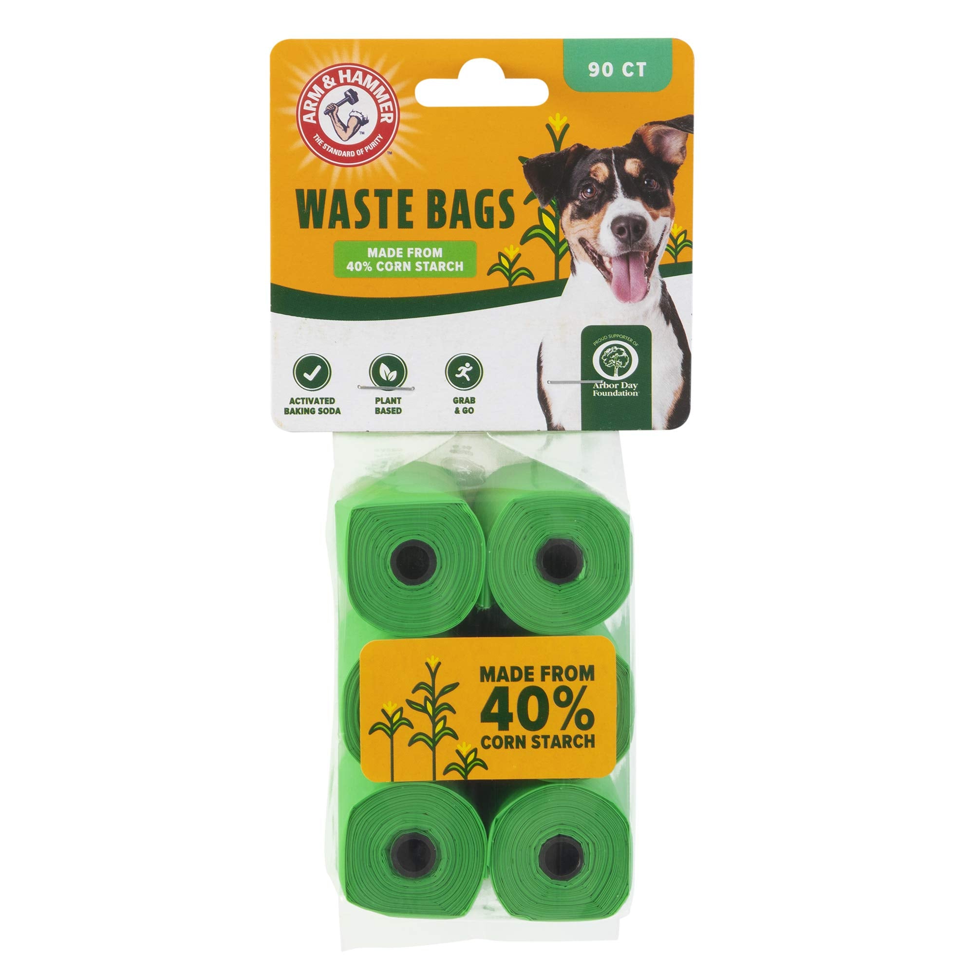 Arm & Hammer Durable Disposable Dog And Cat Waste Bags With Activated Baking Soda, 90 Dog Poop Bags, Plant-Based 9 X 14 Inches