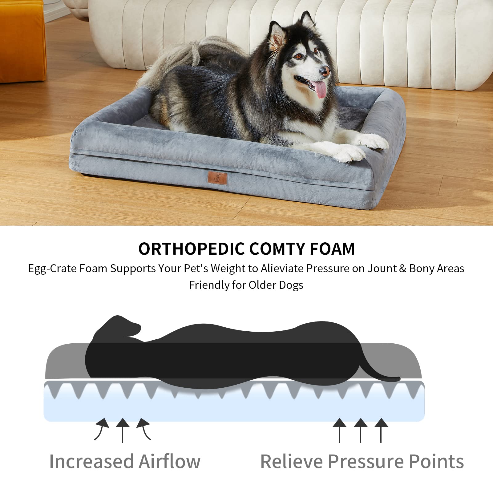Yiruka Large Dog Bed, Dark Grey Orthopedic Dog Bed, Waterproof Dog Bed With Removable Cover, 4-Sides Removable Bolster Dog Soft Sofa Bed With Nonskid Bottom, Washable Dog Beds For Large Dogs