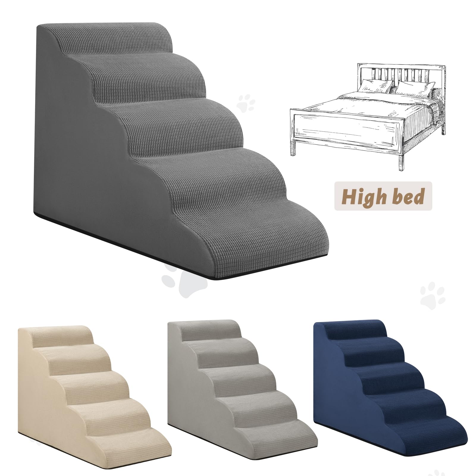 Aodisman 5-Step Dog Stairs and Ramp for High Bed, Non-Slip Sturdy Pet Steps for Small Dogs and Cats,22.2 H,Grey