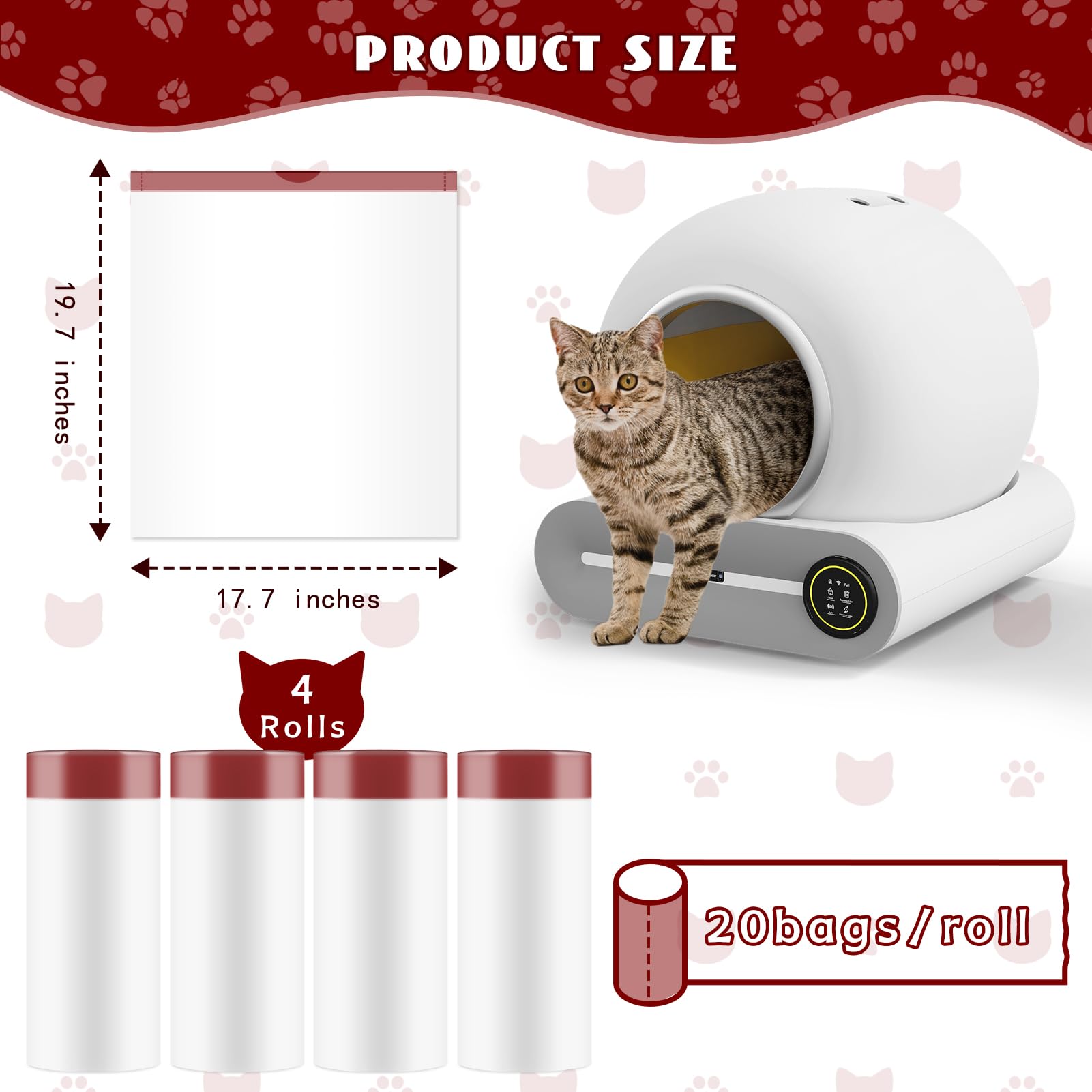 80 Count Self-Cleaning Litter Box Liners For Meowant Mw-Sc01/Mw-Sc02, Extra-Thick Drawstring Trash Bags 17.7X19.68 In, Odor-Proo