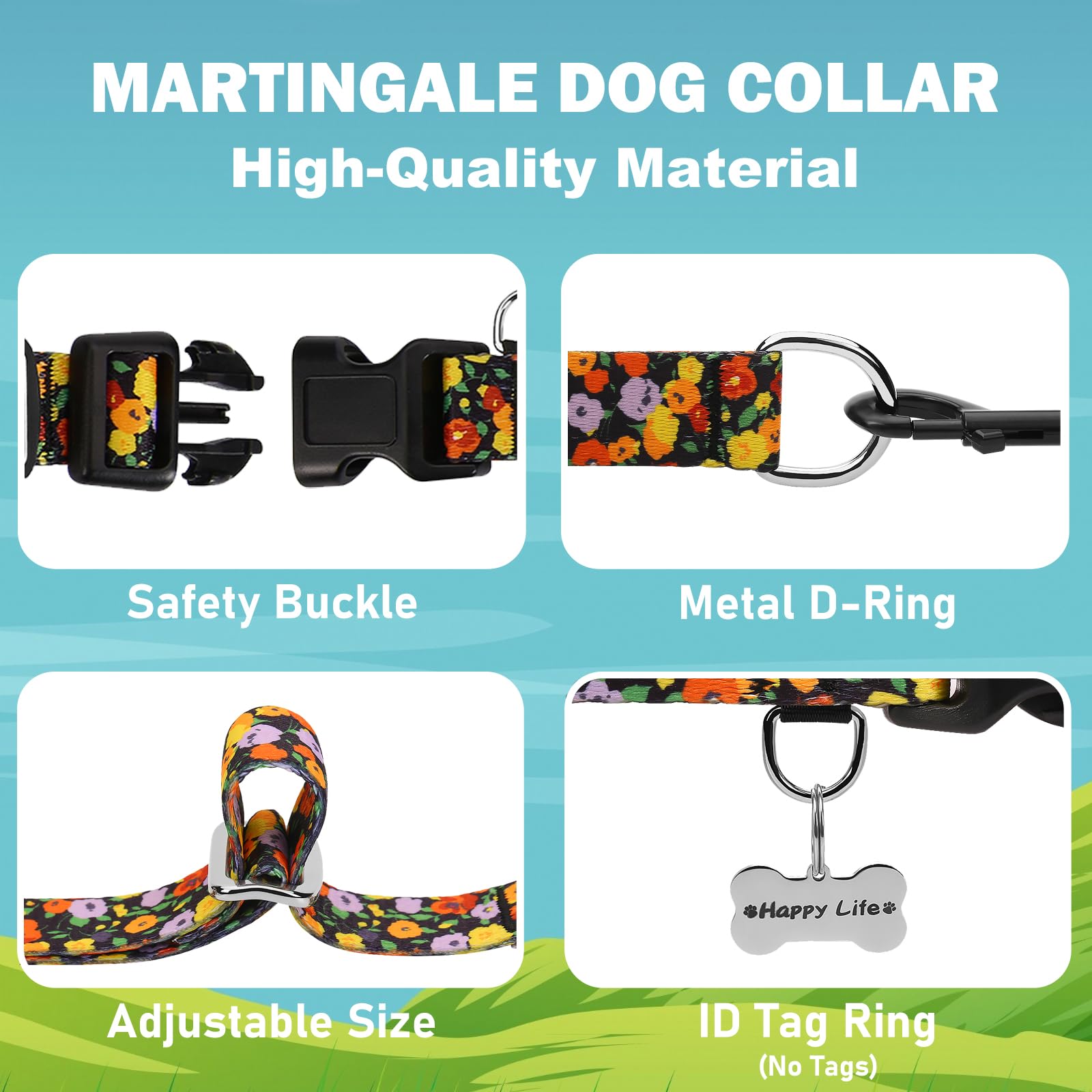 Fidohug Martingale Collar For Dogs With Buckle Adjustable Nylon Limited Slip Training Dog Collars (Orange Floral, Medium)