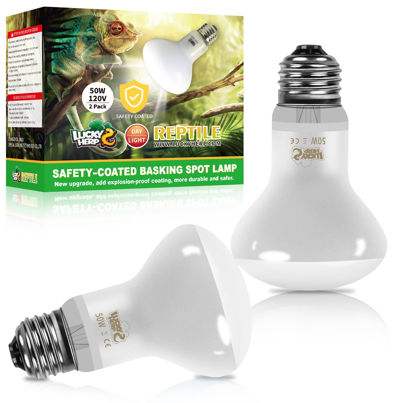 LUCKY HERP New Upgrade 50W Reptile Heat Lamp Bulb (3rd Gen, Safer), Amphibian Basking Spot Light Bulb, UVA Reptile Daylight Bulb