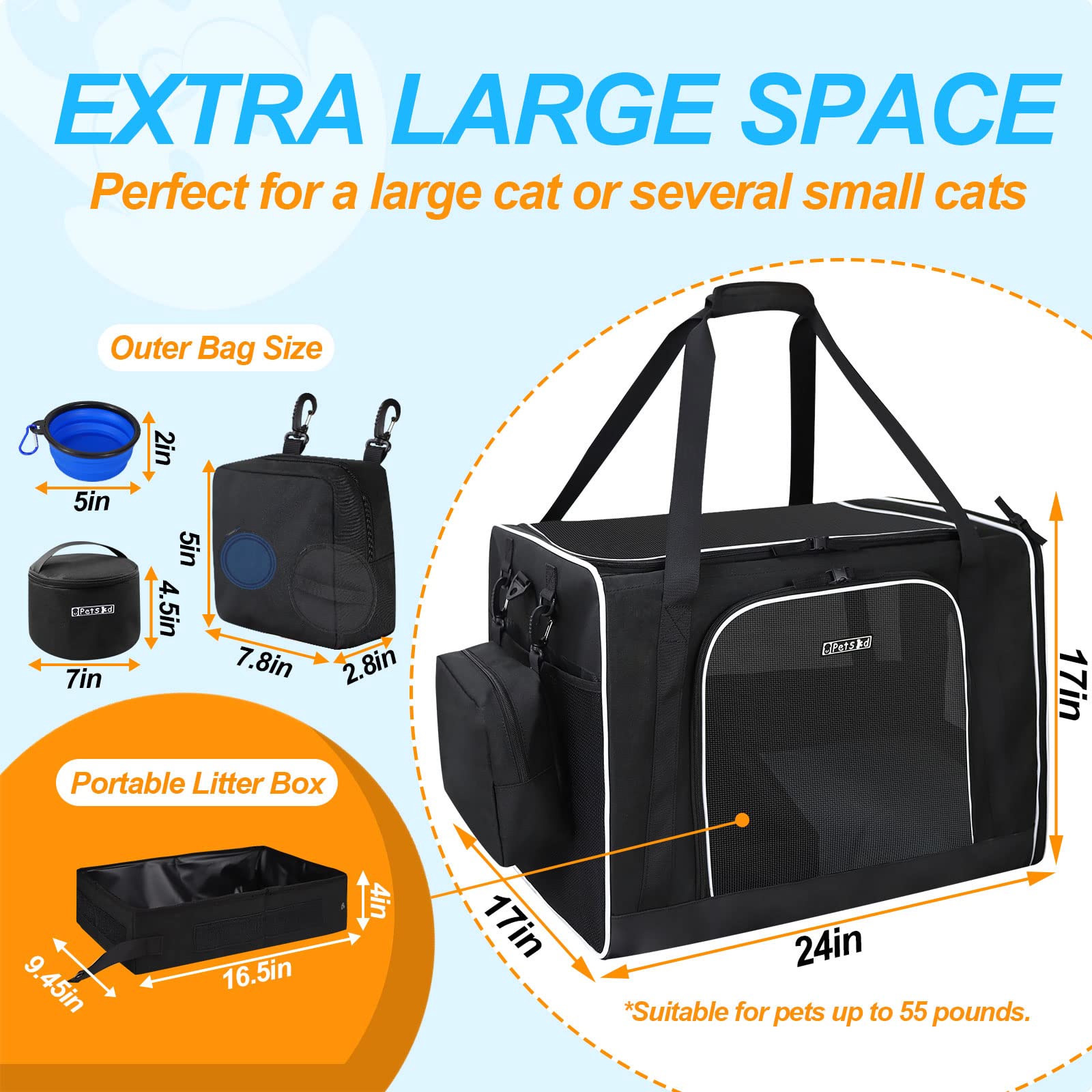 Petskd Extra Large Cat Carrier With Litter Box 24'X17'X17' For Medium Large Cat Or 2 Small Cats, Collapsible Soft Sided Pet Carrier For Car Travel With Lockable Safety Zippers(Black)