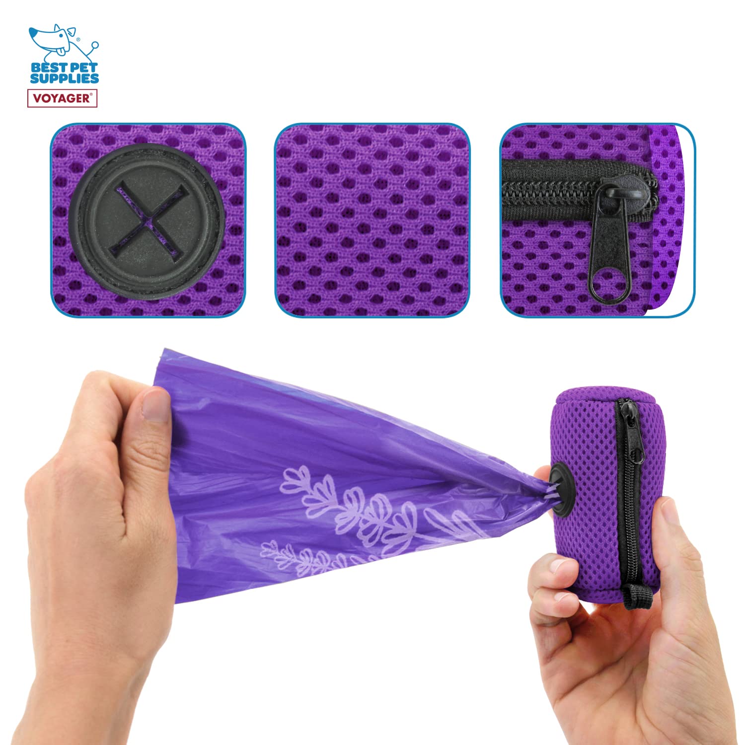 Best Pet Supplies Dog Poop Bag Holder Leash Attachment With 15 Bags, Purple, Reusable Mesh Dispenser Pouch For Travel, Walking,