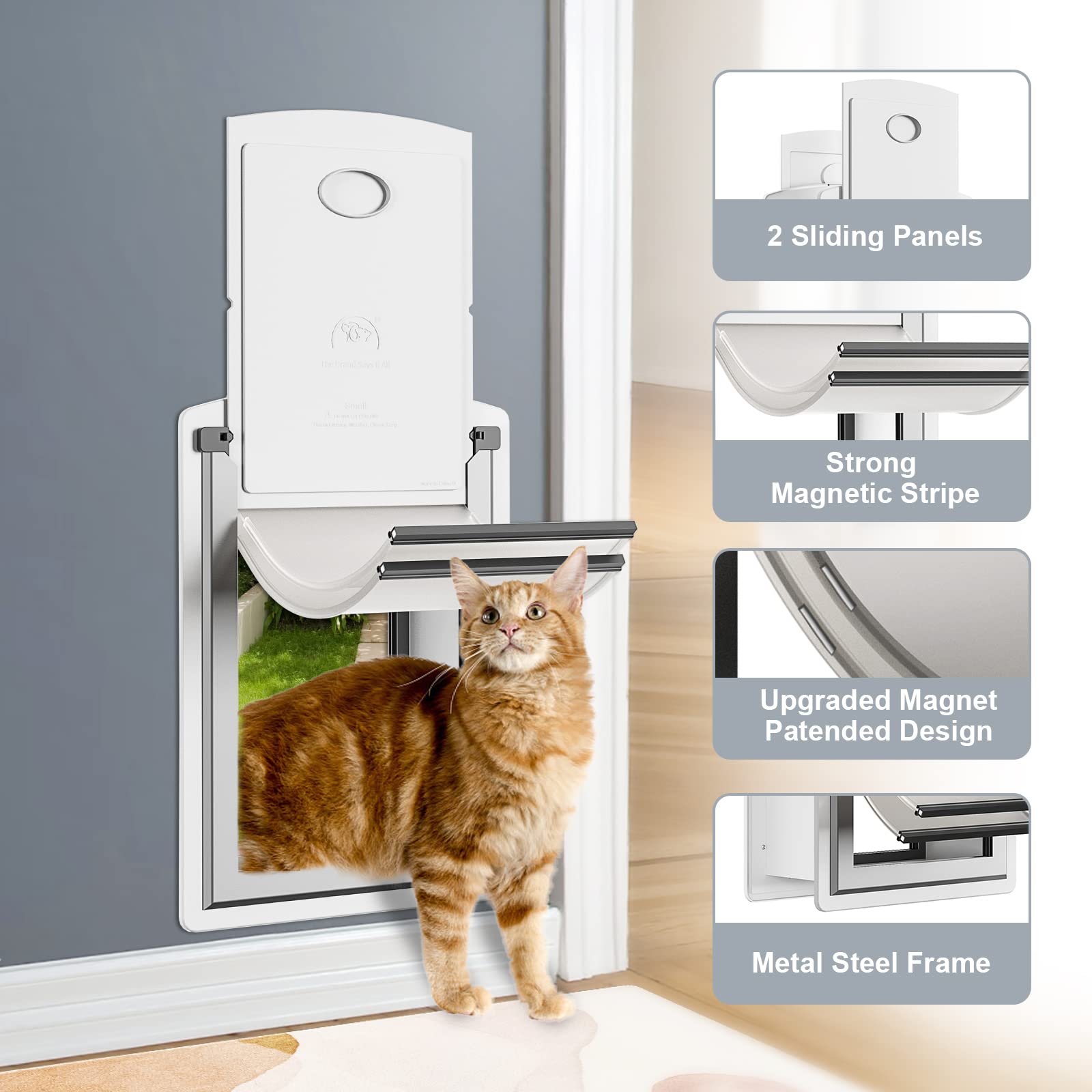 DECORMAX Steel Dog Door for Wall, Telescoping Tunnel and Steel Frame, Double Magnetic Flaps and 2 Sliding Lock Panels, Easy to I
